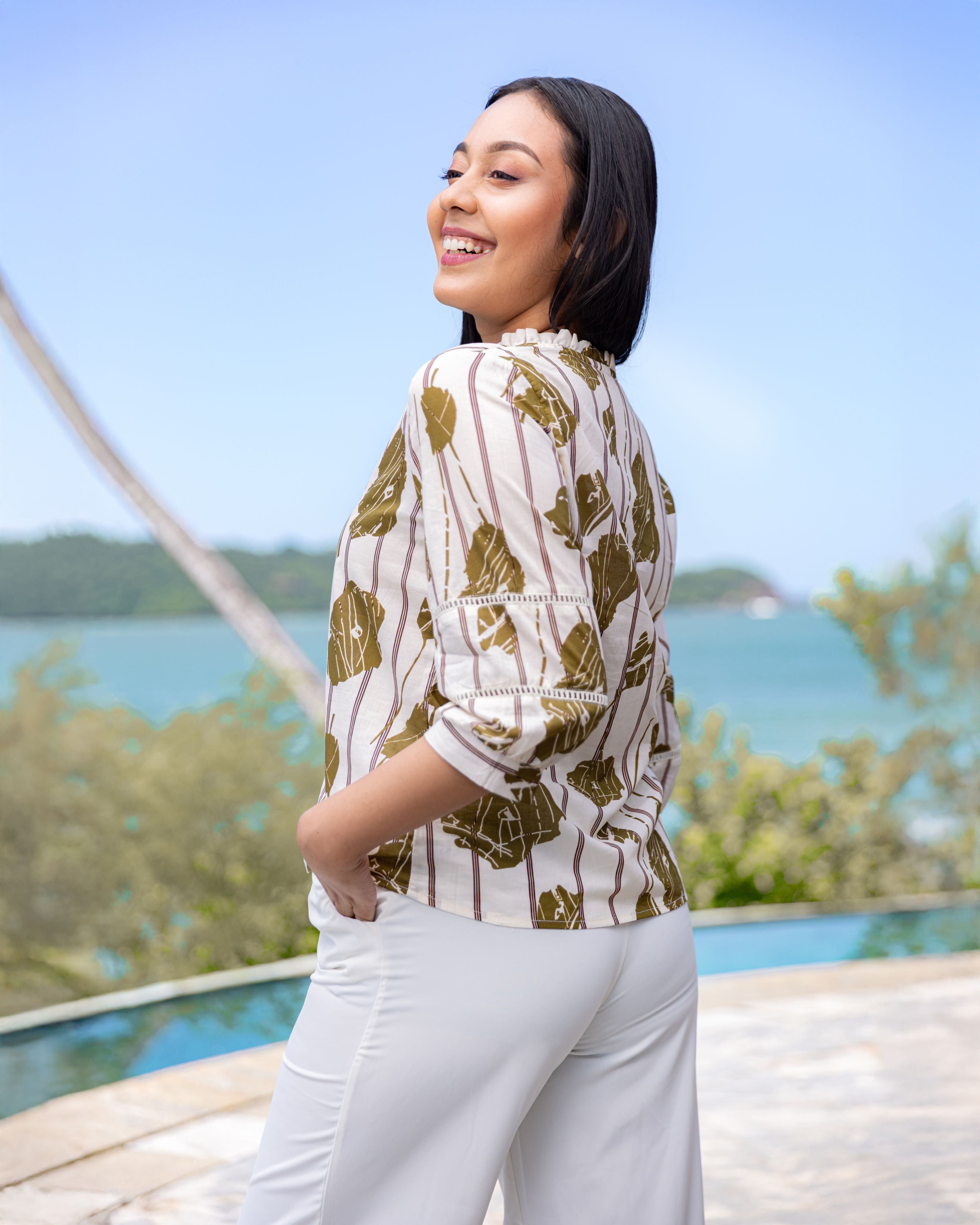 Tatum Lace Detail  Cotton Top - Green Print