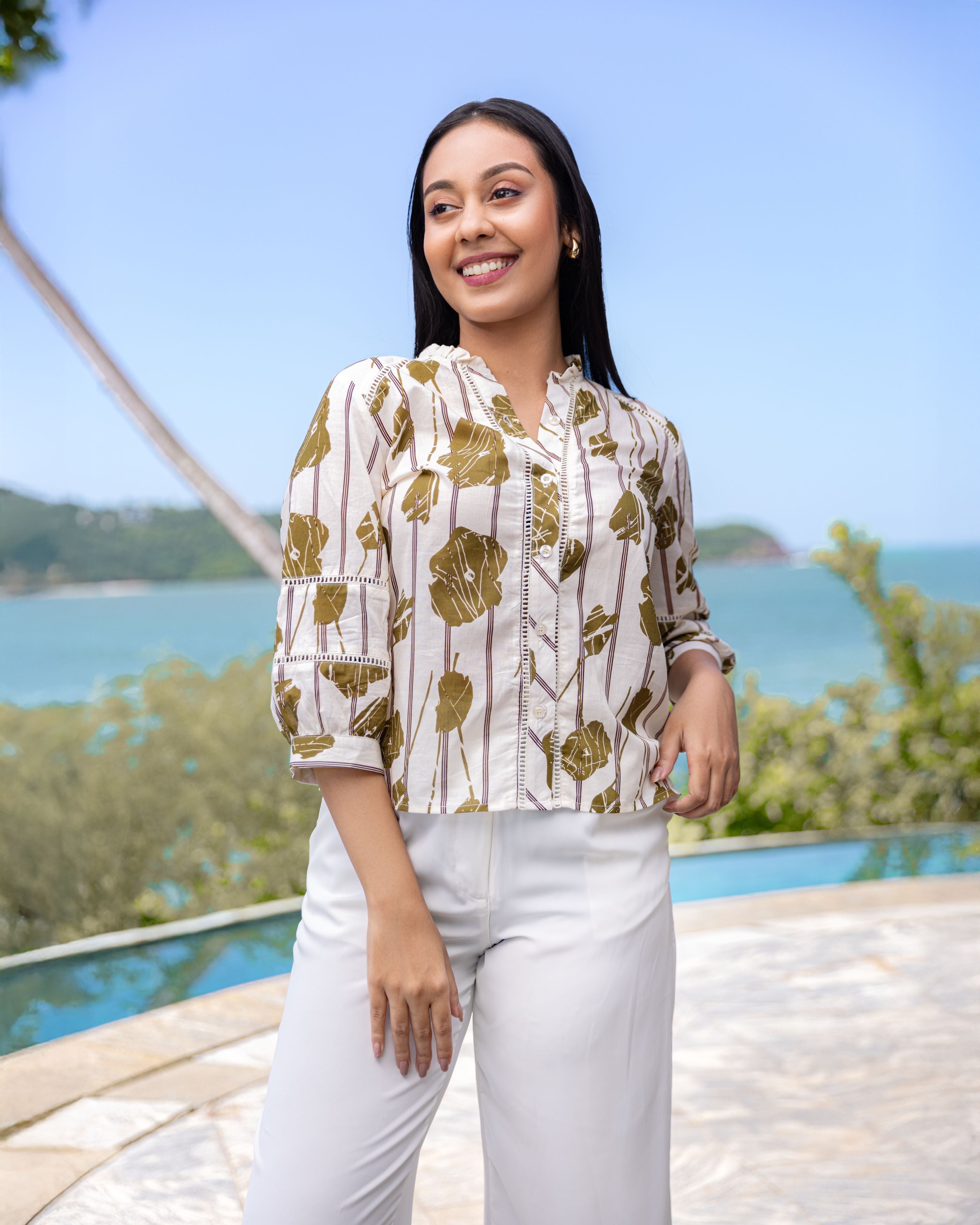 Tatum Lace Detail  Cotton Top - Green Print