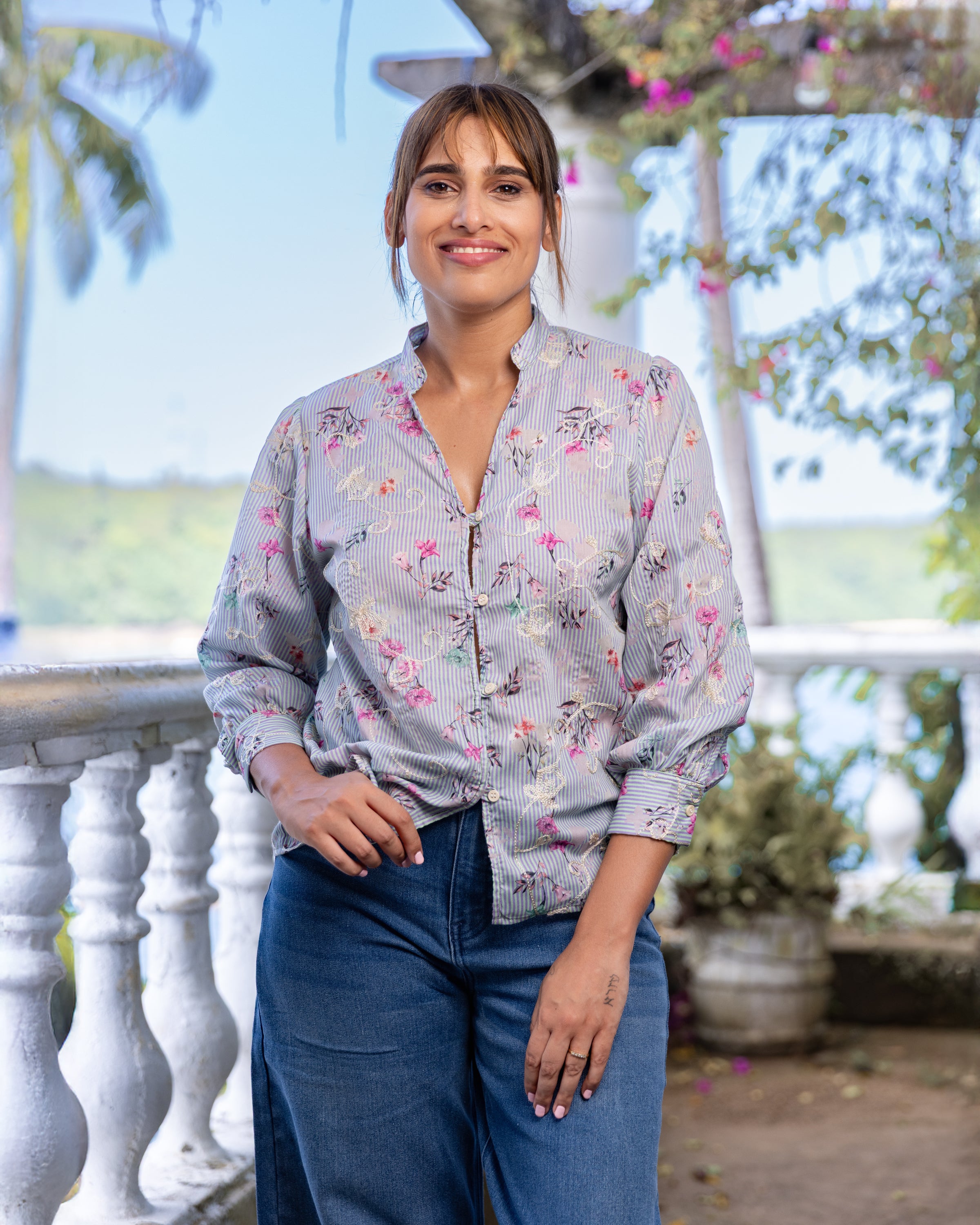 Louise Emboridered Striped Blouse -  Blue