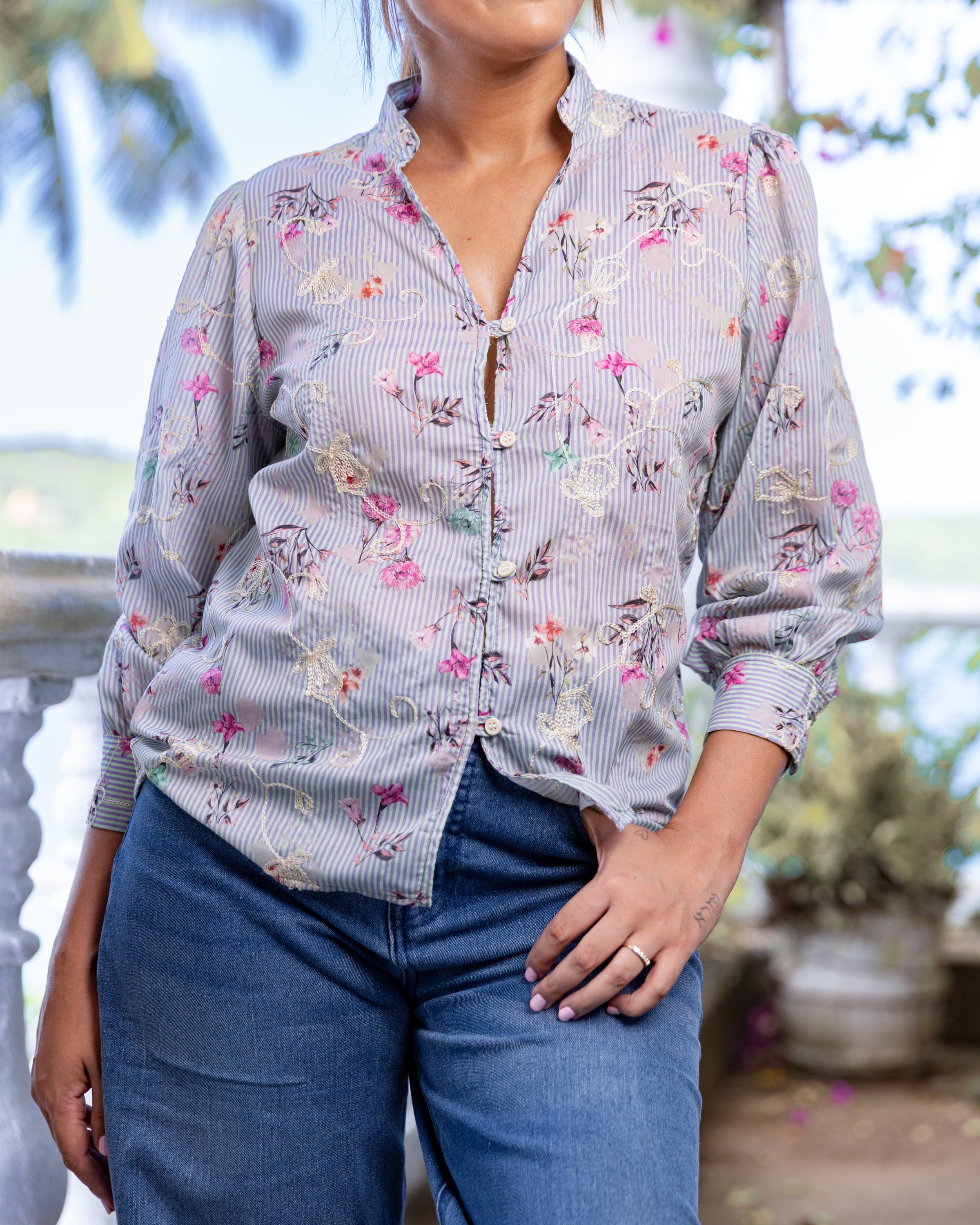 Louise Emboridered Striped Blouse -  Blue