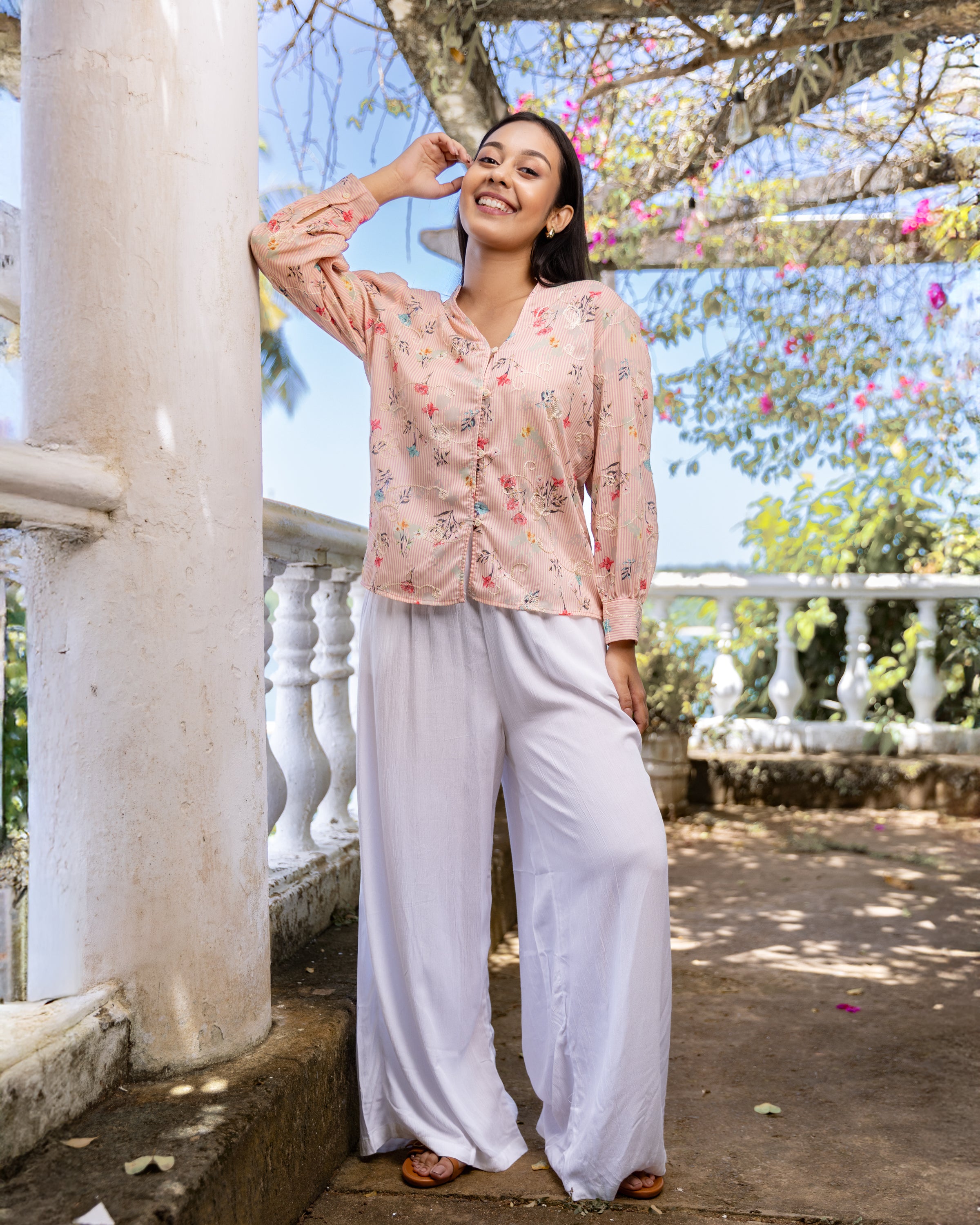 Louise Emboridered Striped Blouse -  Pink