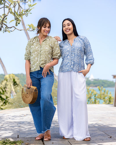 Talia Embroidary Top - Blue Printed