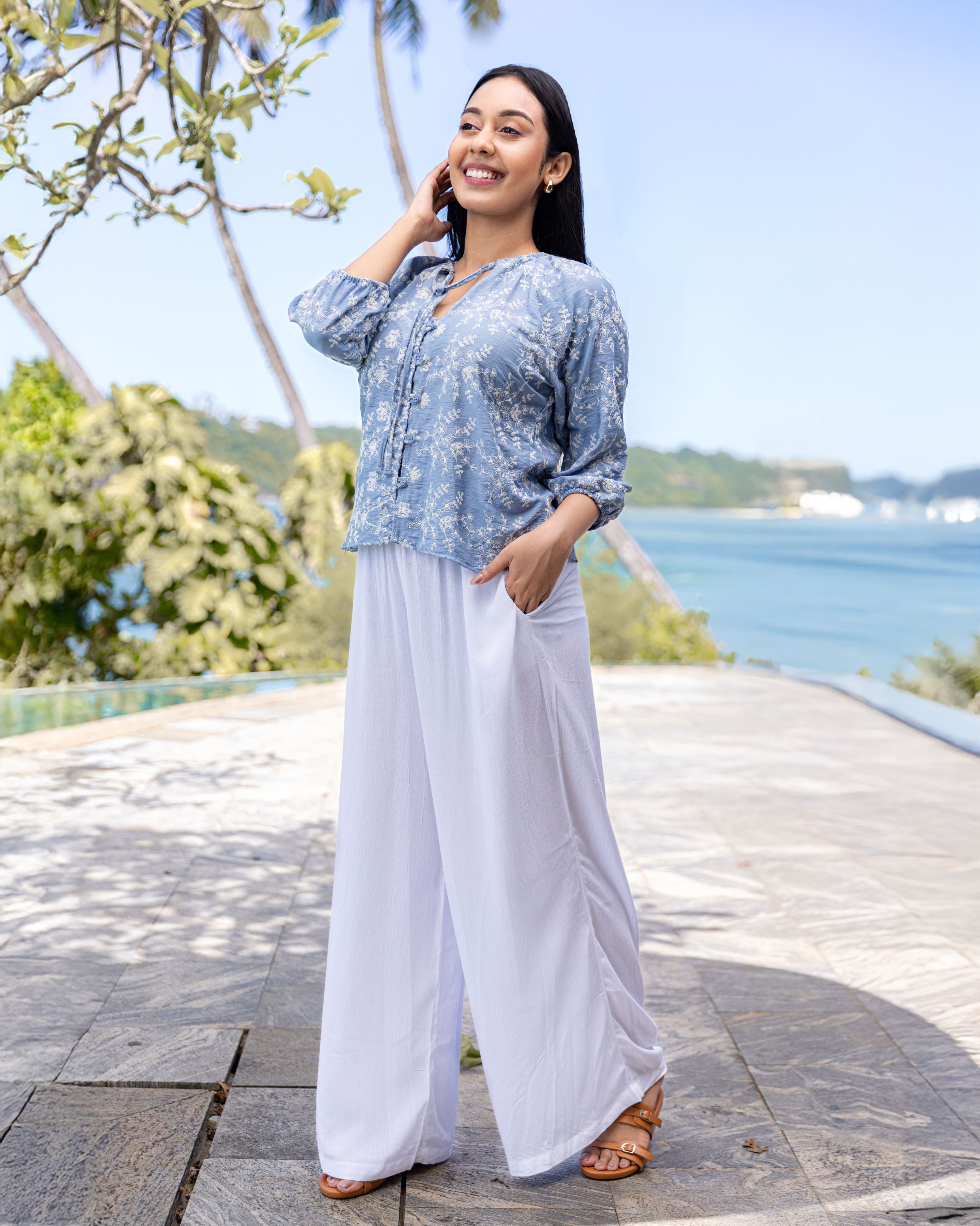 Talia Embroidary Top - Blue Printed