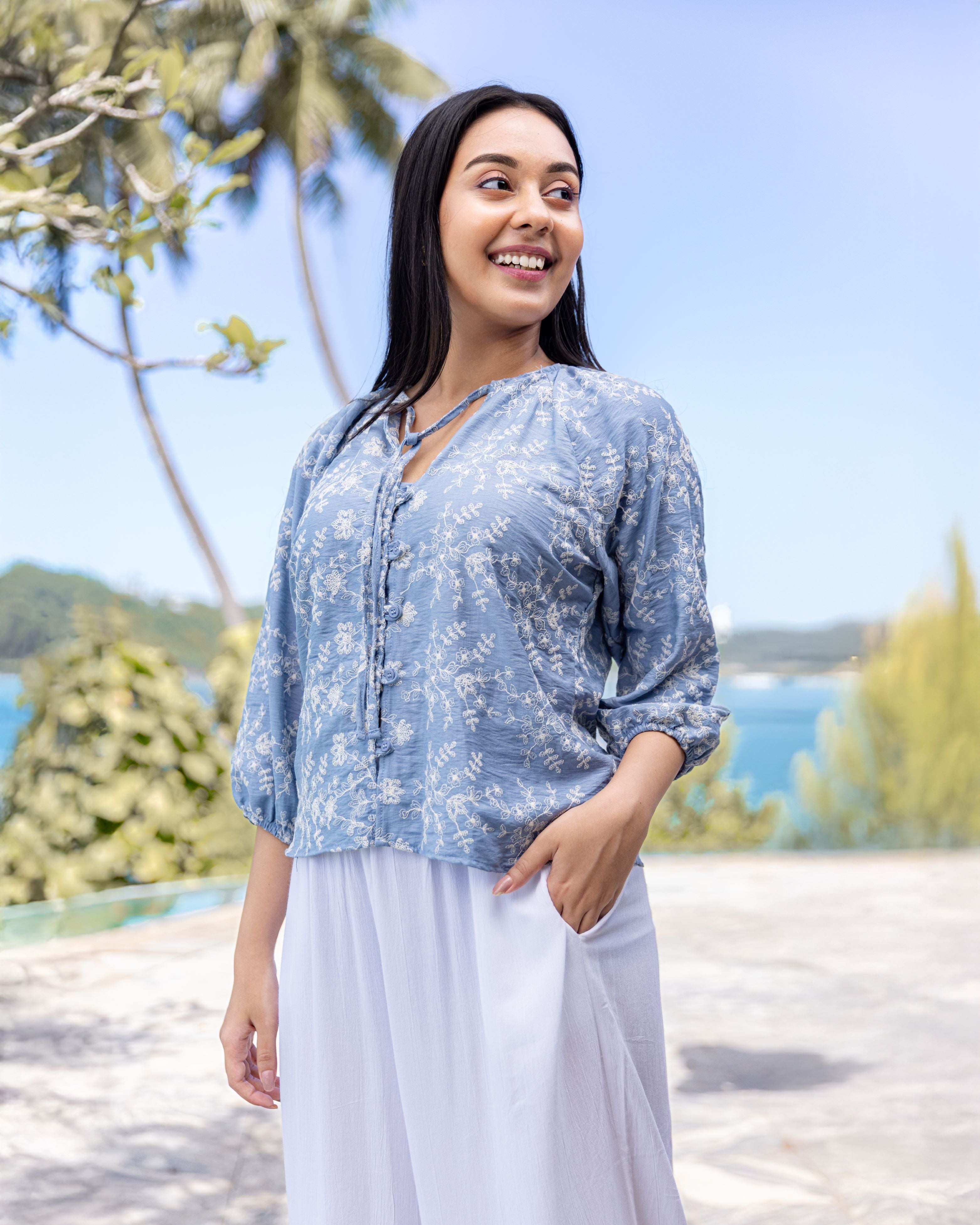 Talia Embroidary Top - Blue Printed