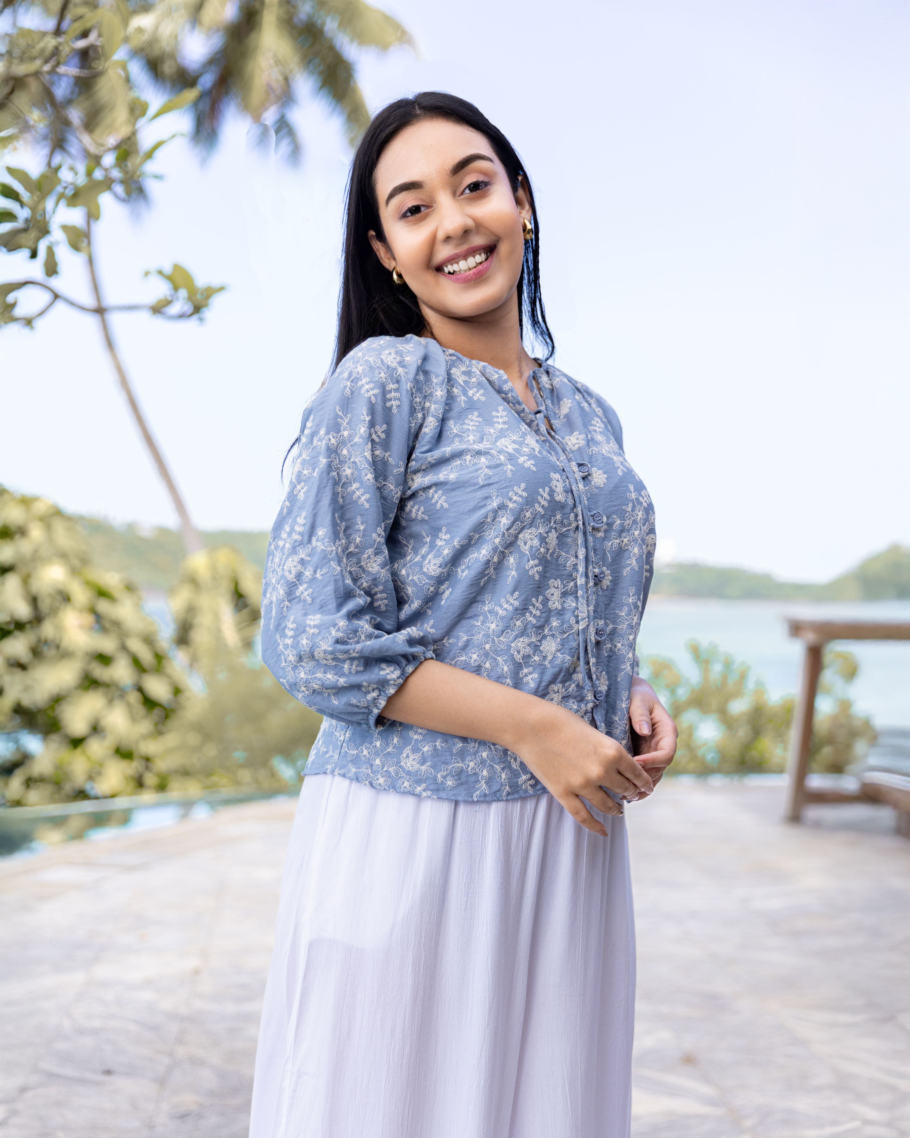 Talia Embroidary Top - Blue Printed