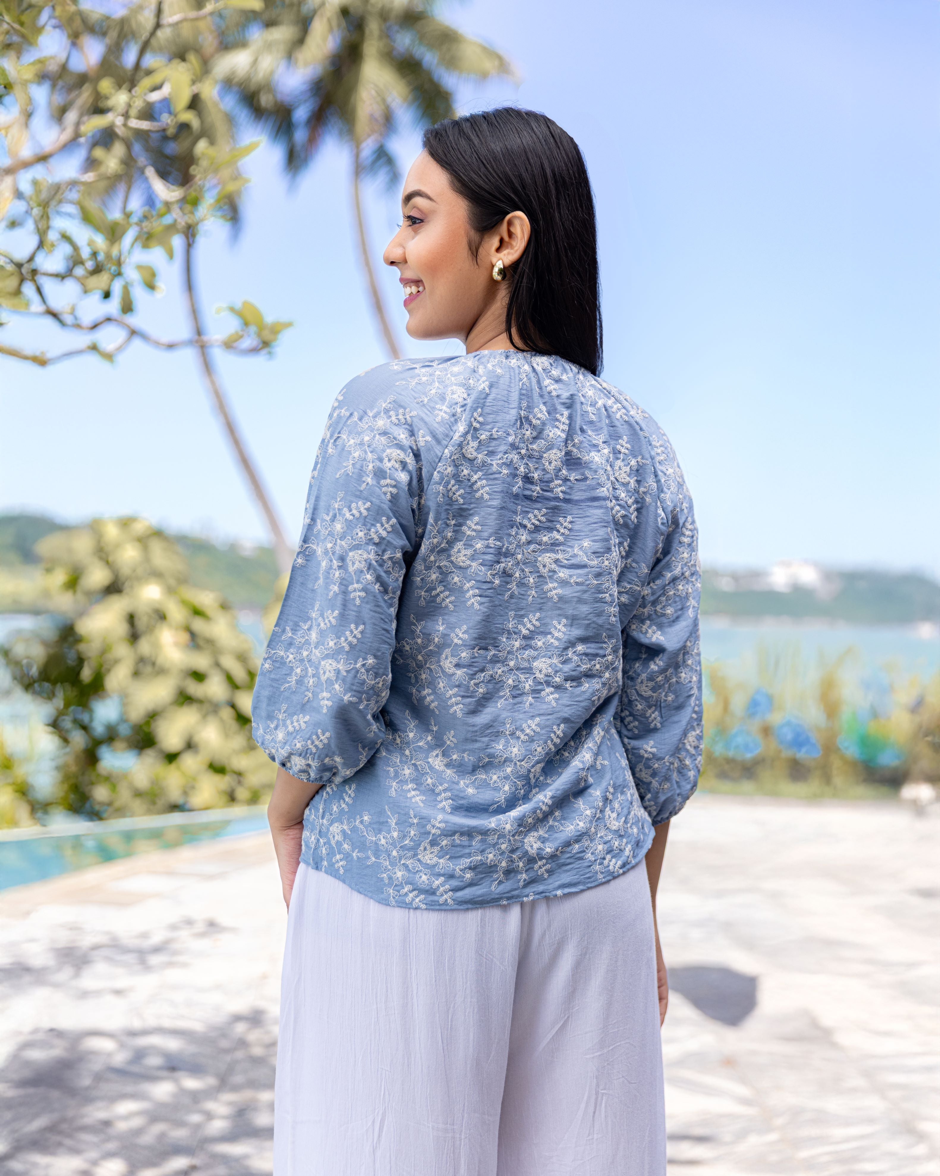 Talia Embroidary Top - Blue Printed
