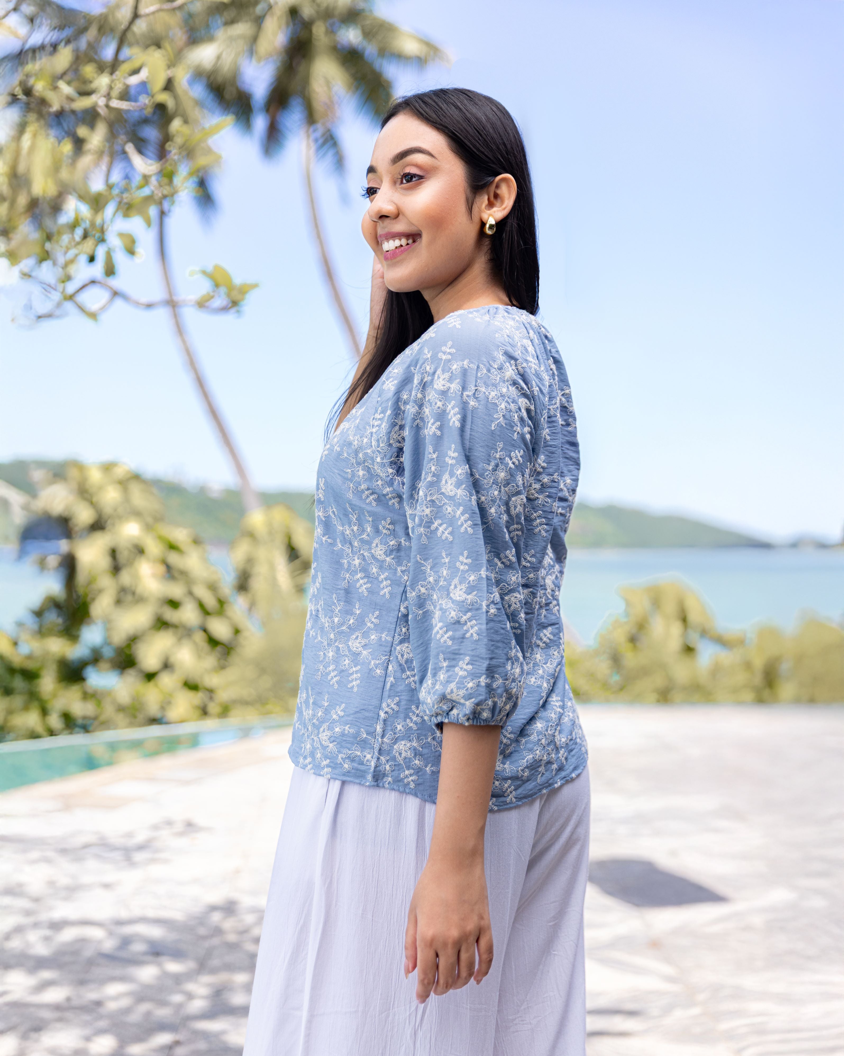 Talia Embroidary Top - Blue Printed