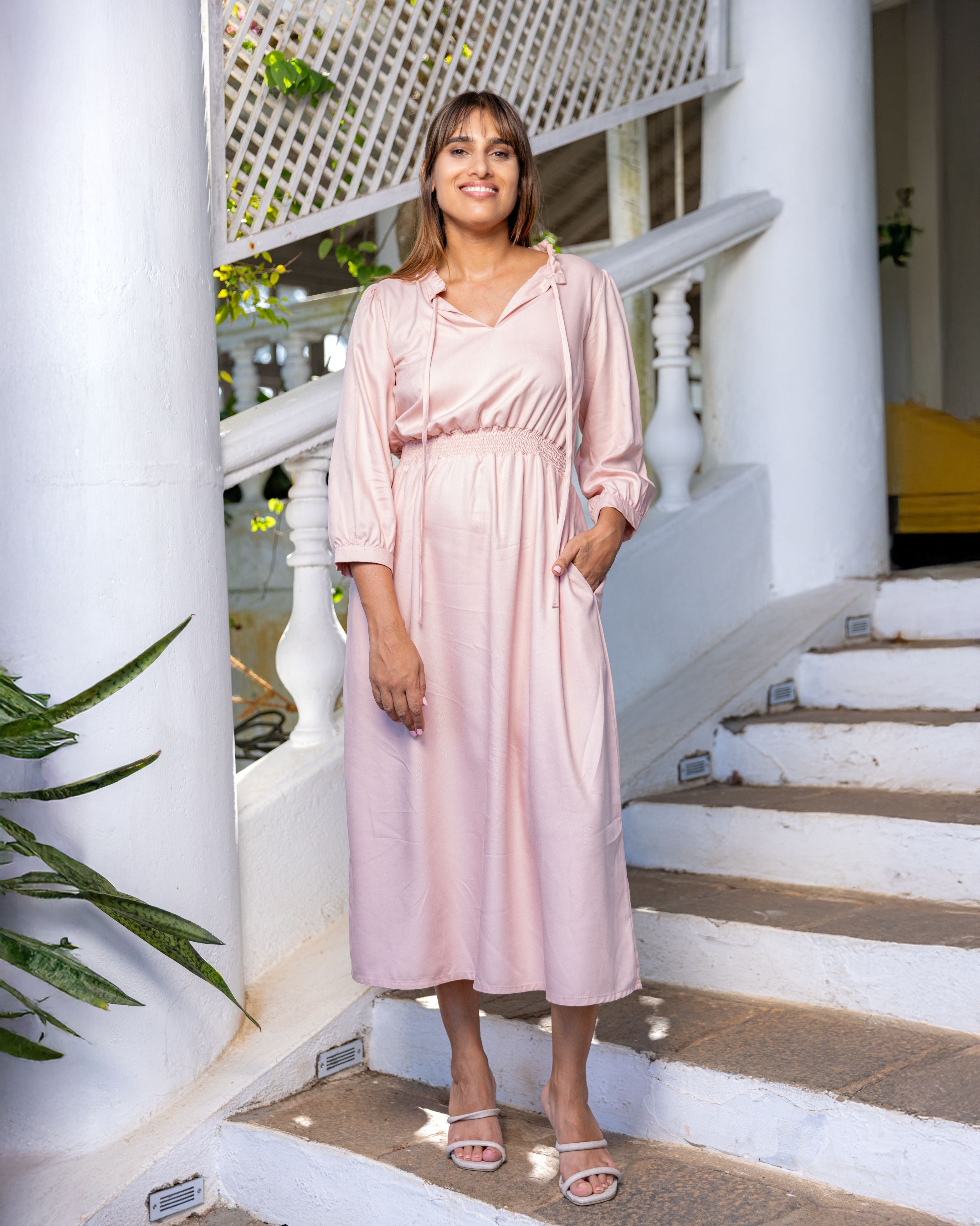 Dolores Smocked  Midi Dress - Pink