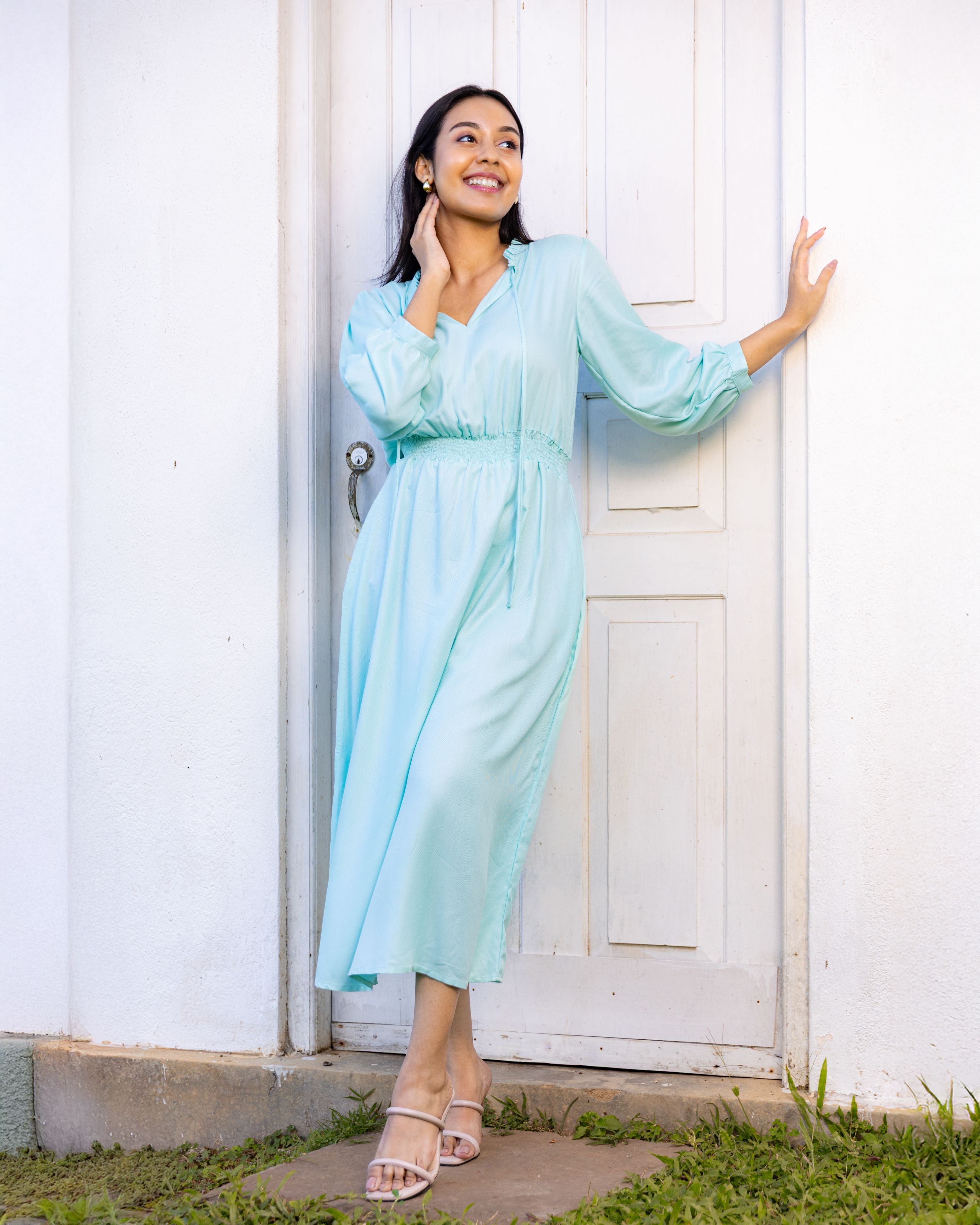 Dolores Smocked  Midi Dress - Blue