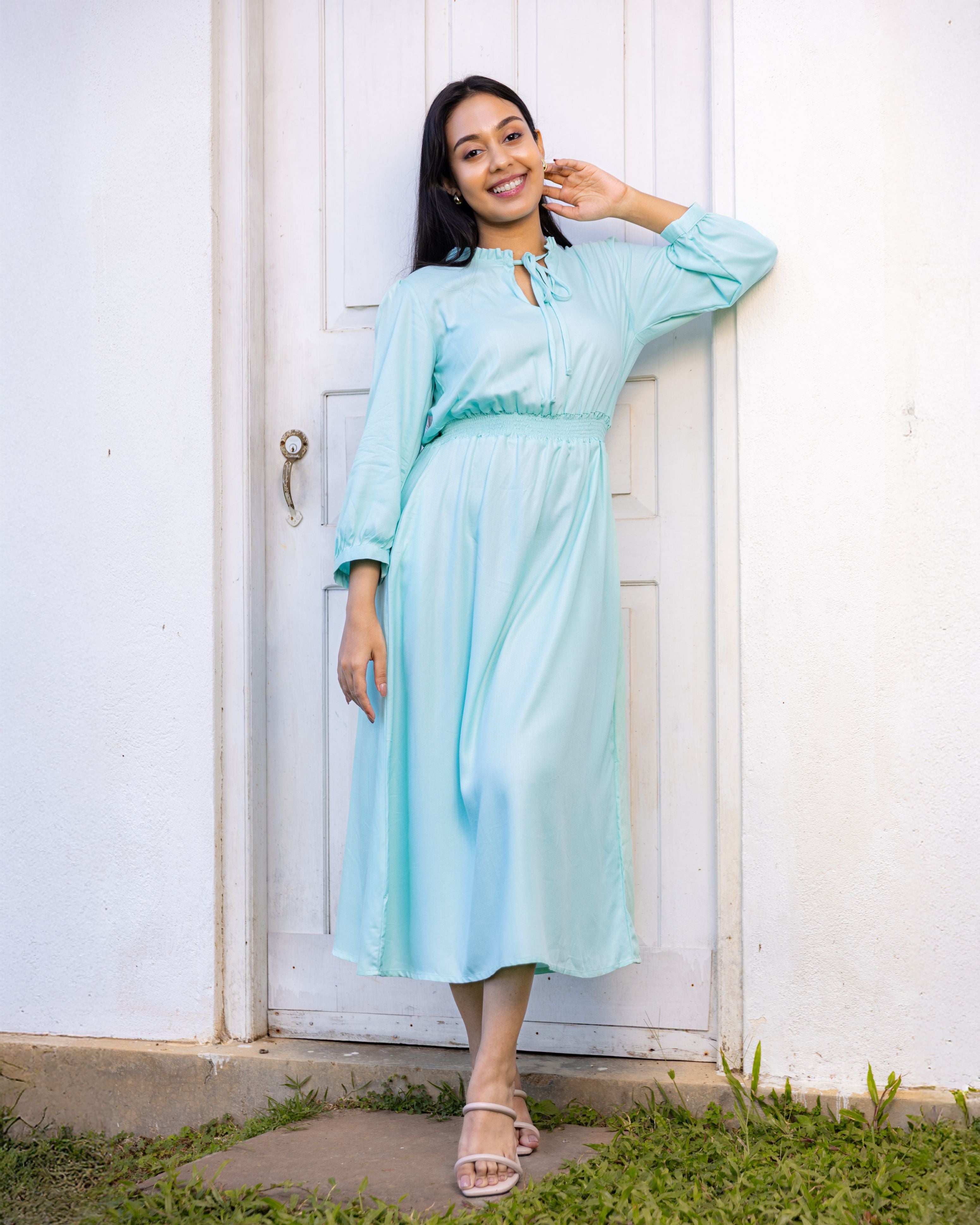 Dolores Smocked  Midi Dress - Blue