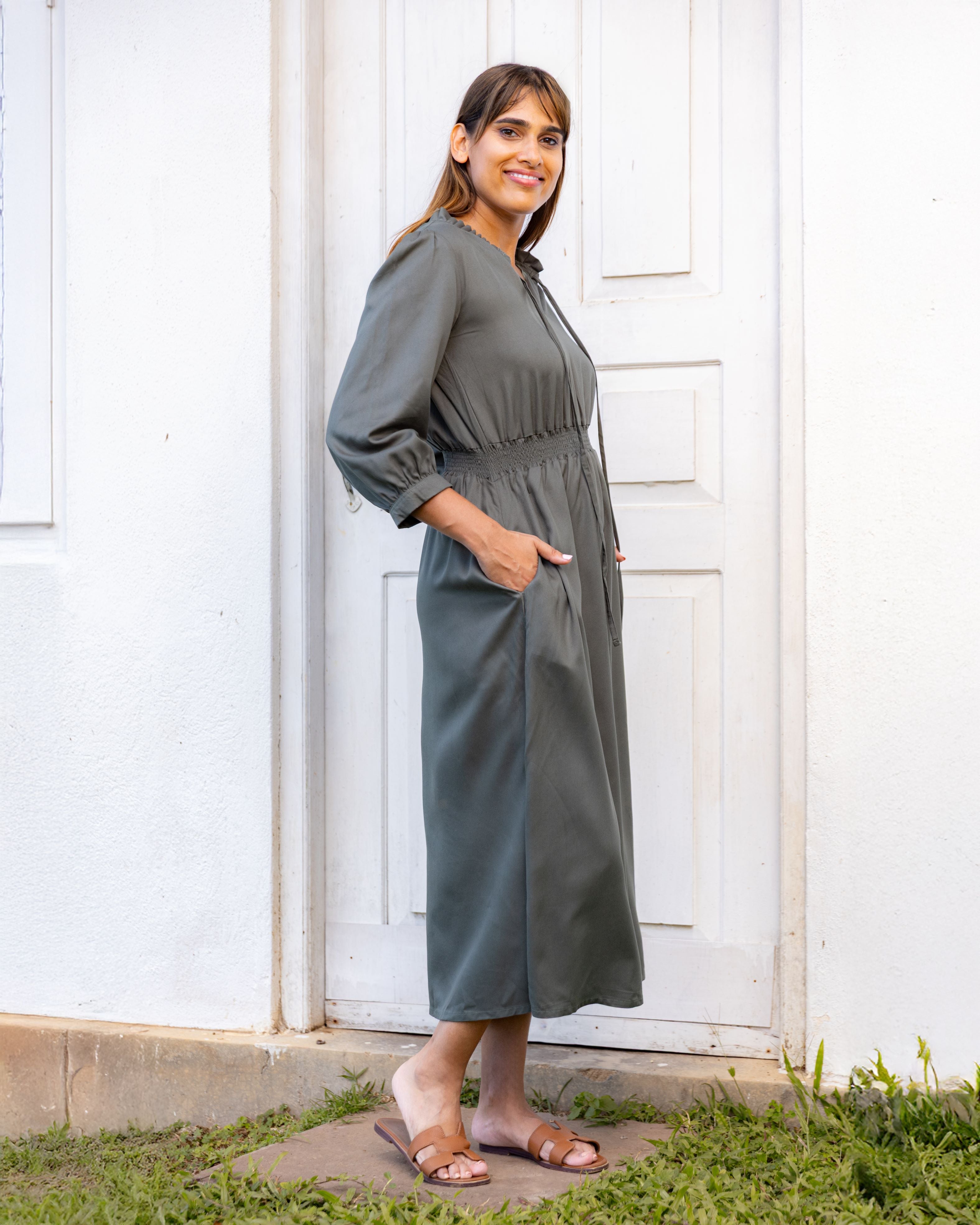 Dolores Smocked  Midi Dress - Olive