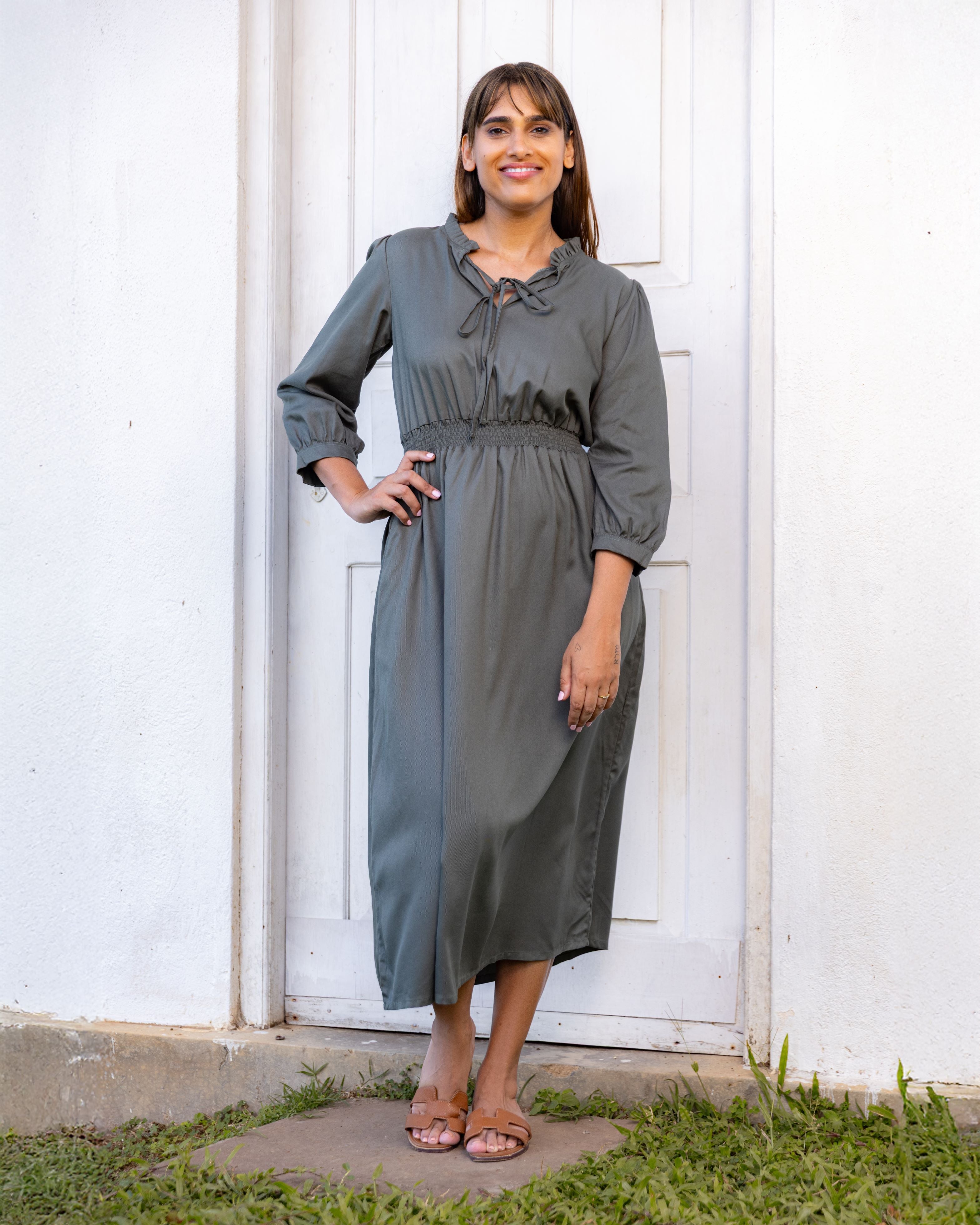 Dolores Smocked  Midi Dress - Olive