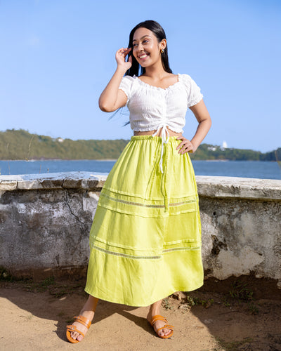 Seda Lace Detailed Pintuk Midi Skirt - Lemon