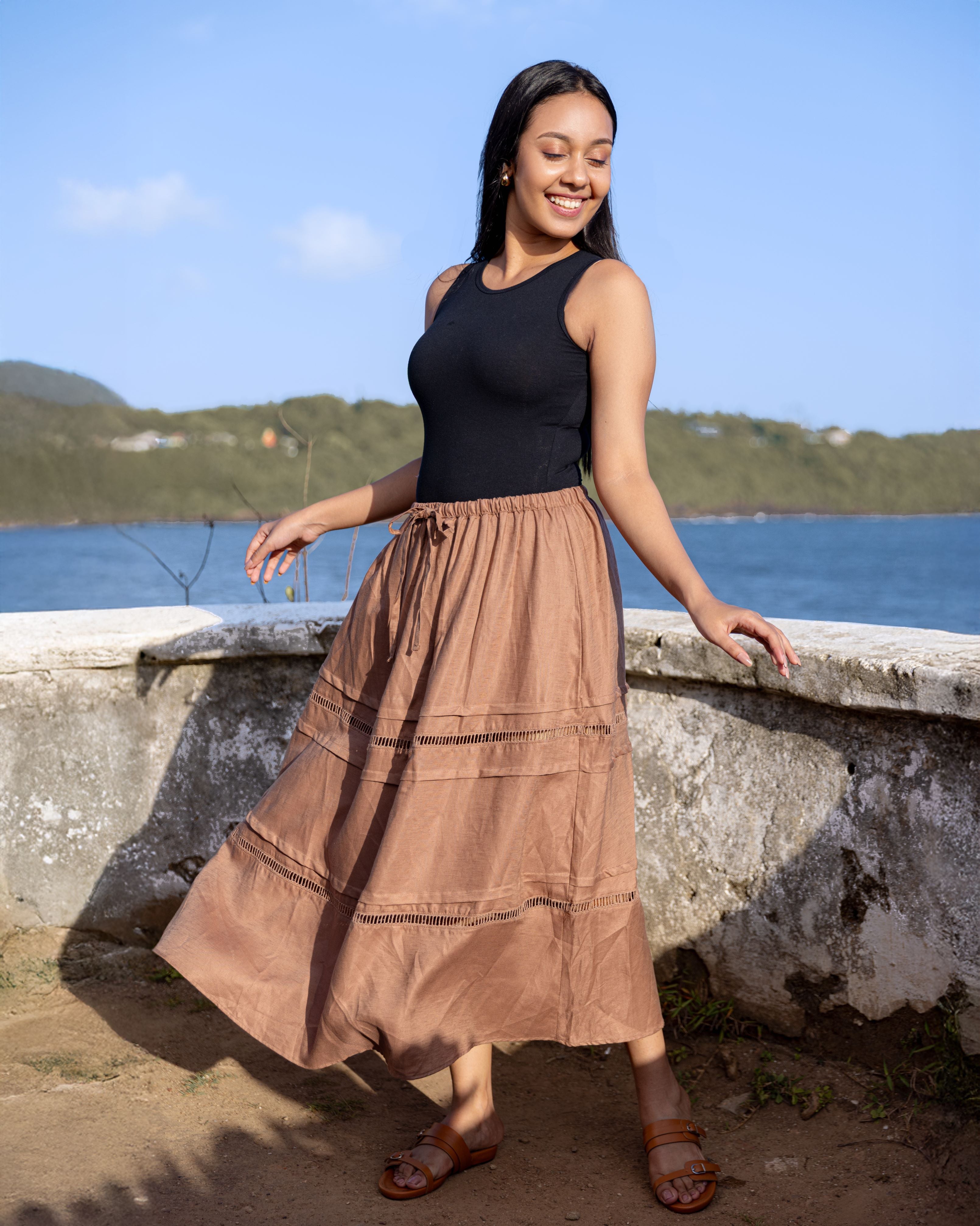 Seda Lace Detailed Pintuk Midi Skirt - Brown