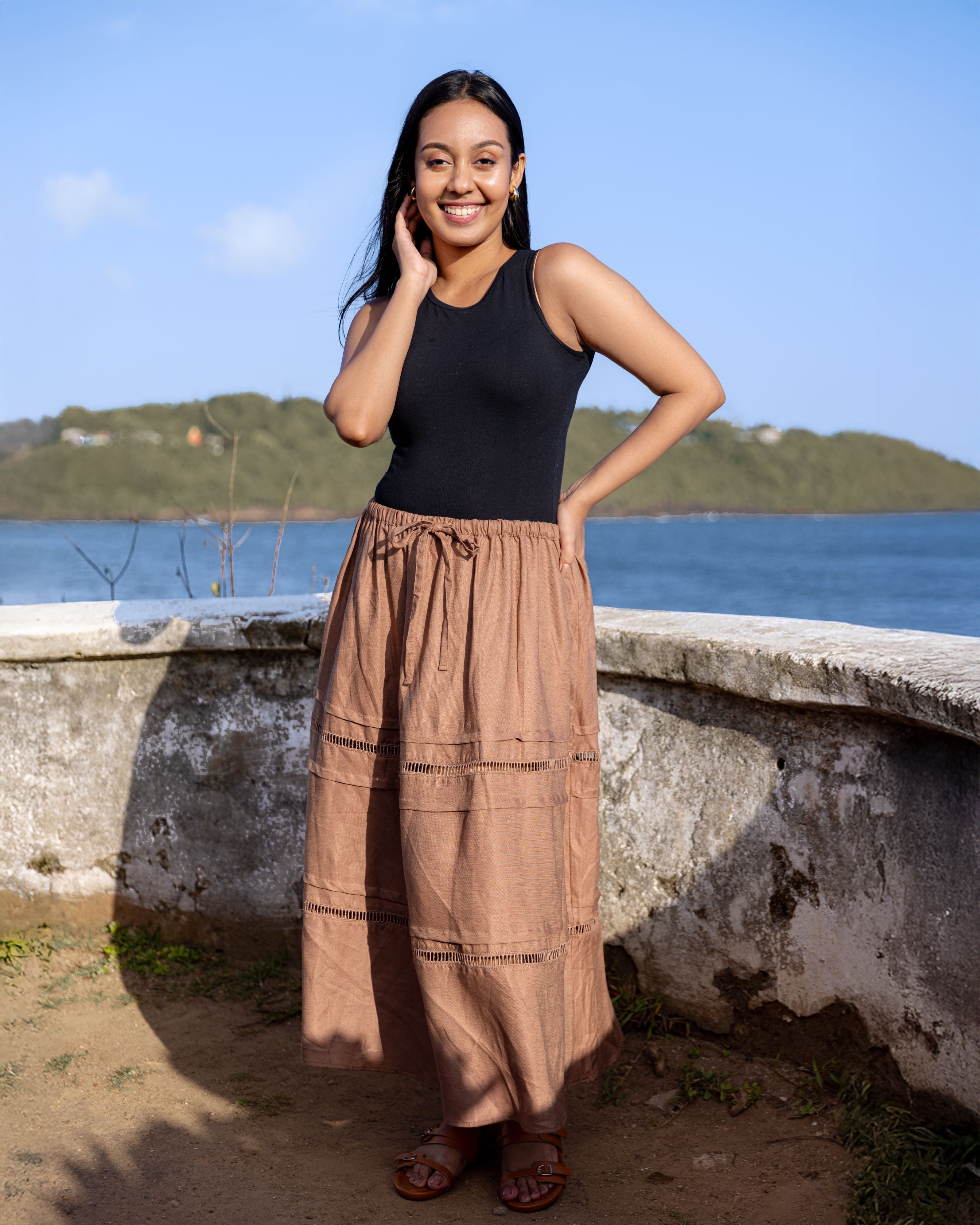 Seda Lace Detailed Pintuk Midi Skirt - Brown