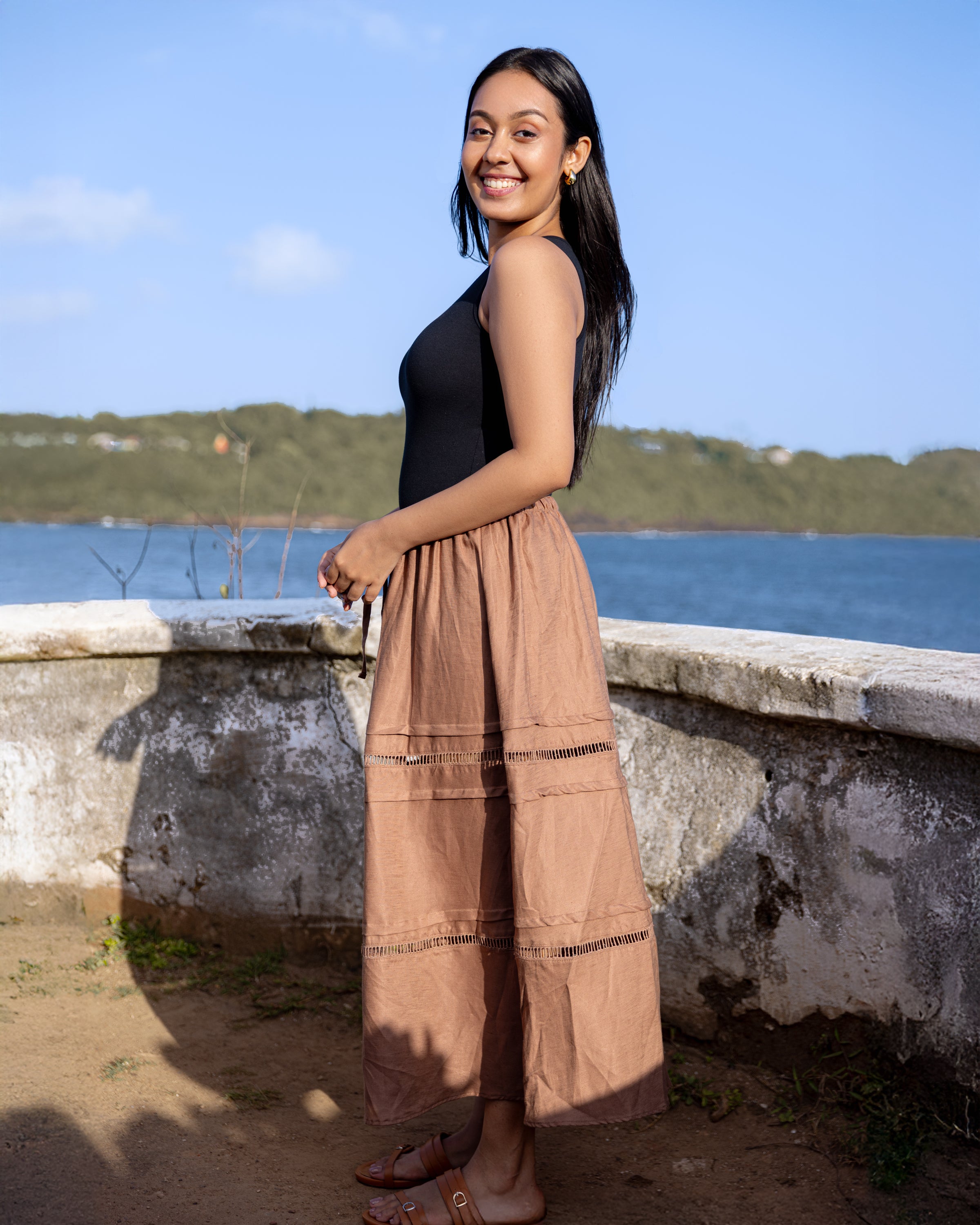 Seda Lace Detailed Pintuk Midi Skirt - Brown