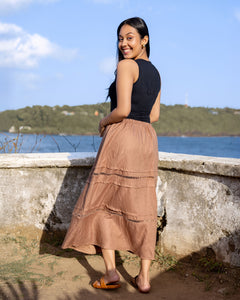 Seda Lace Detailed Pintuk Midi Skirt - Brown