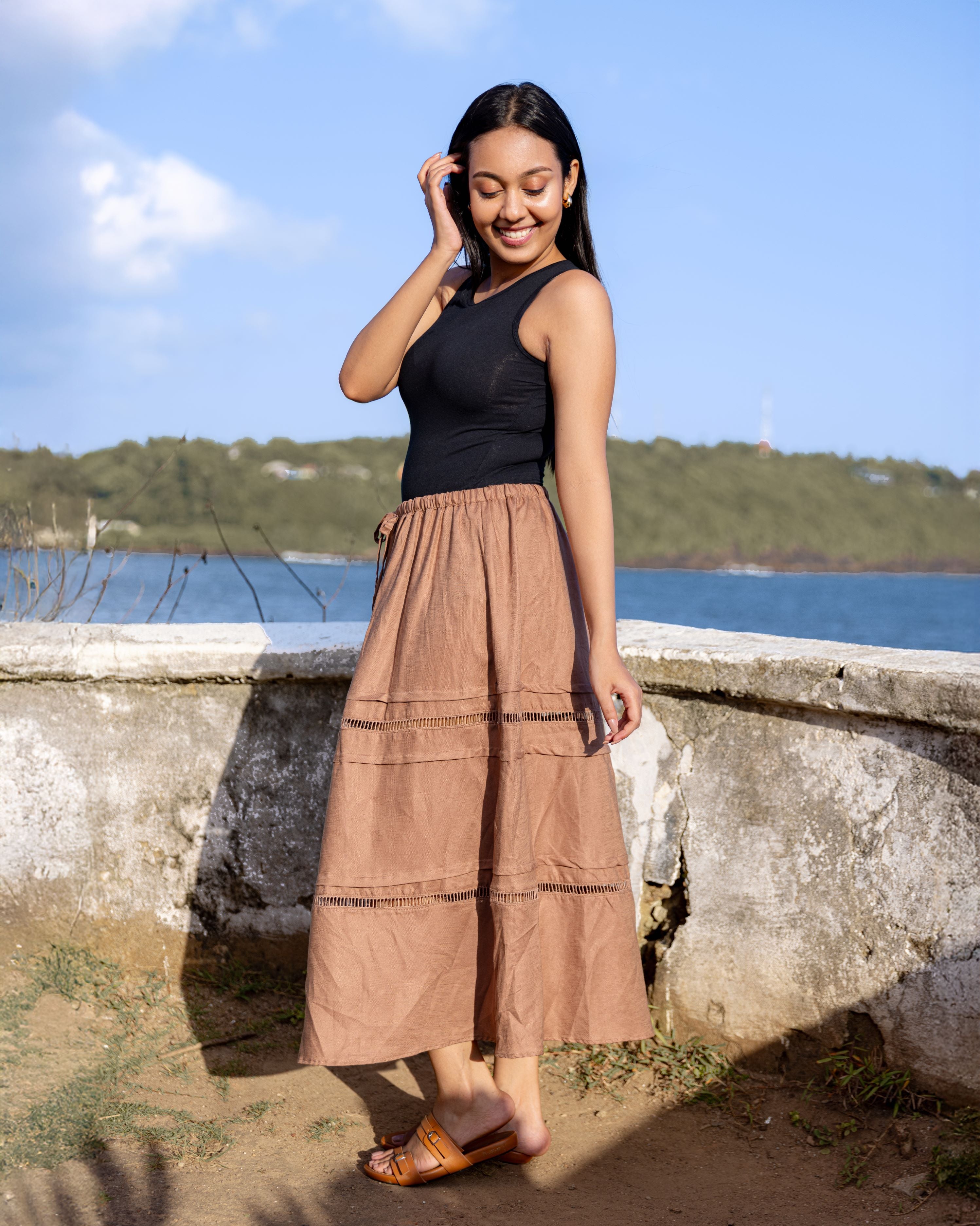 Seda Lace Detailed Pintuk Midi Skirt - Brown