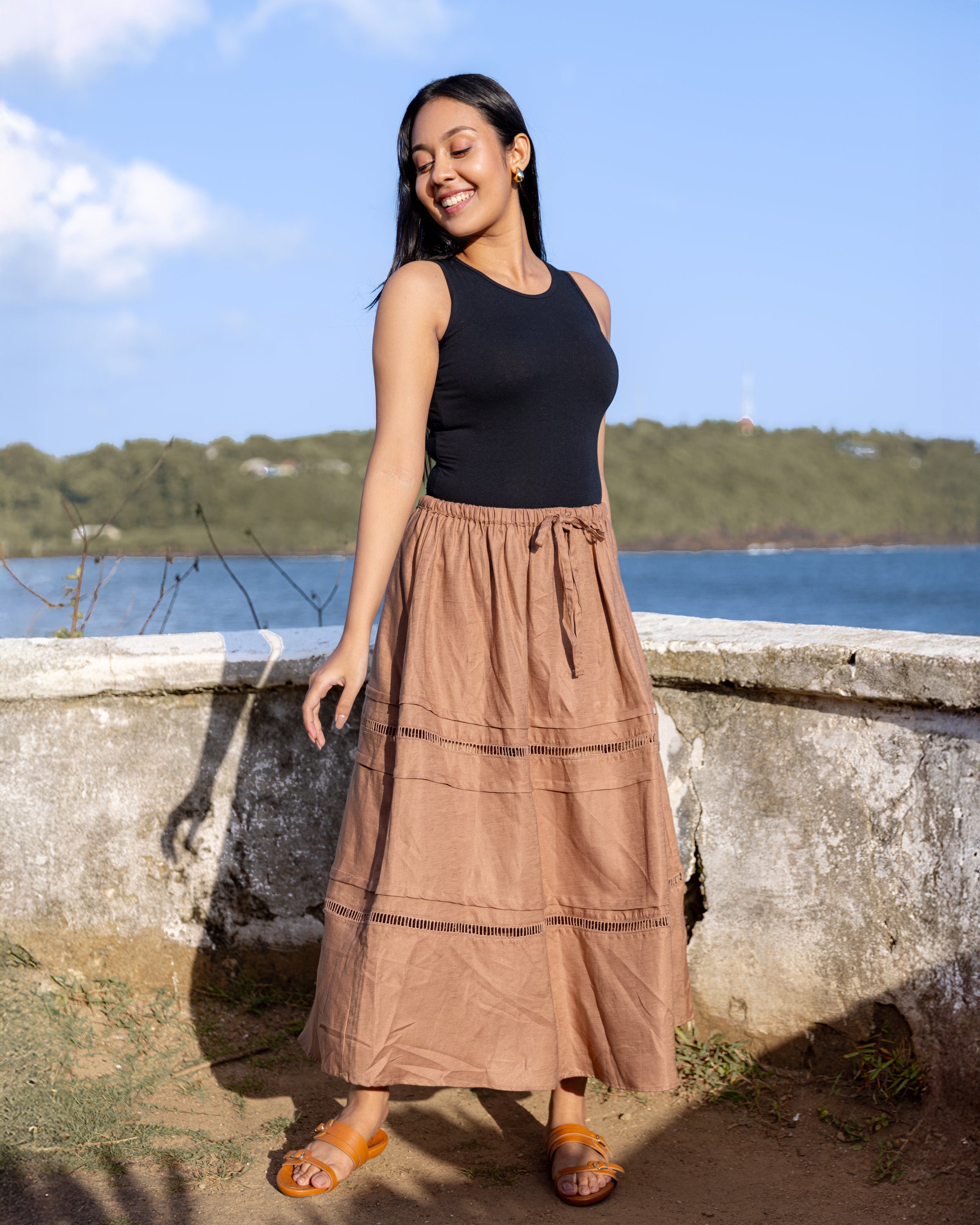 Seda Lace Detailed Pintuk Midi Skirt - Brown