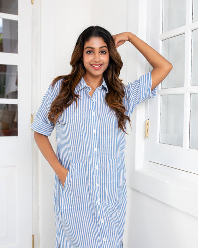 Lara Button Down Midi Dress -Stripe Blue