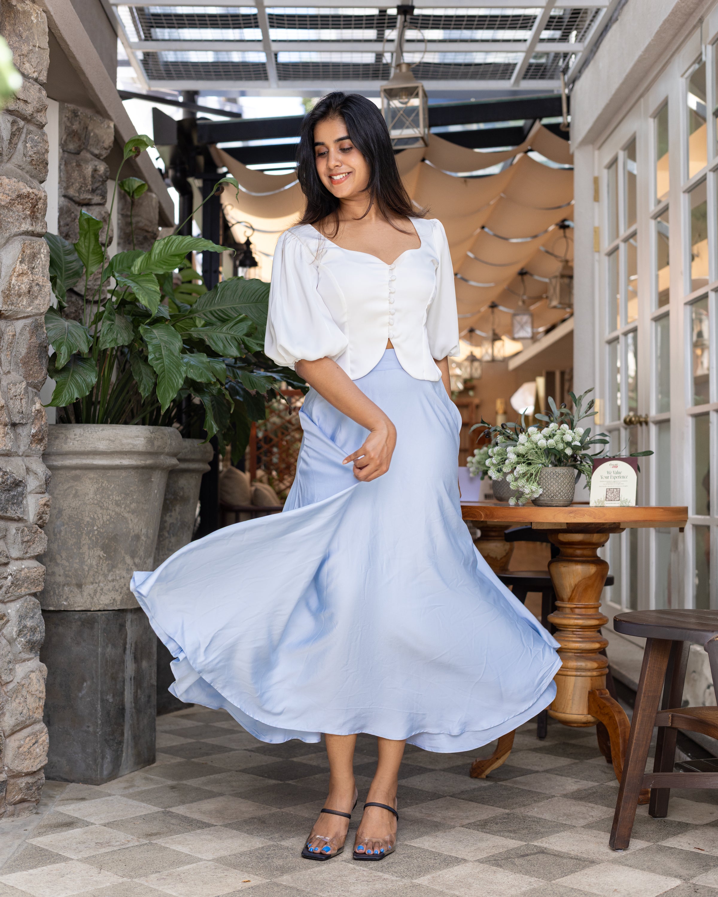 Elenor Maxi Satin Skirt - Light Blue