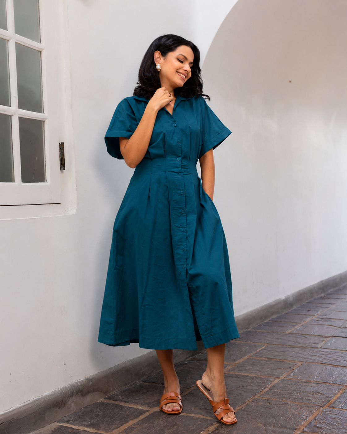 Dahlia Cotton Pleated Midi Dress - Peacock blue