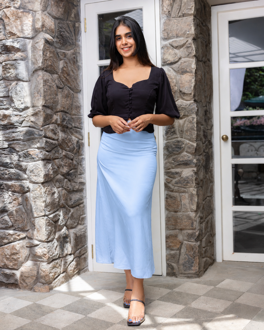 Lina satin bias skirt -  Dusty blue