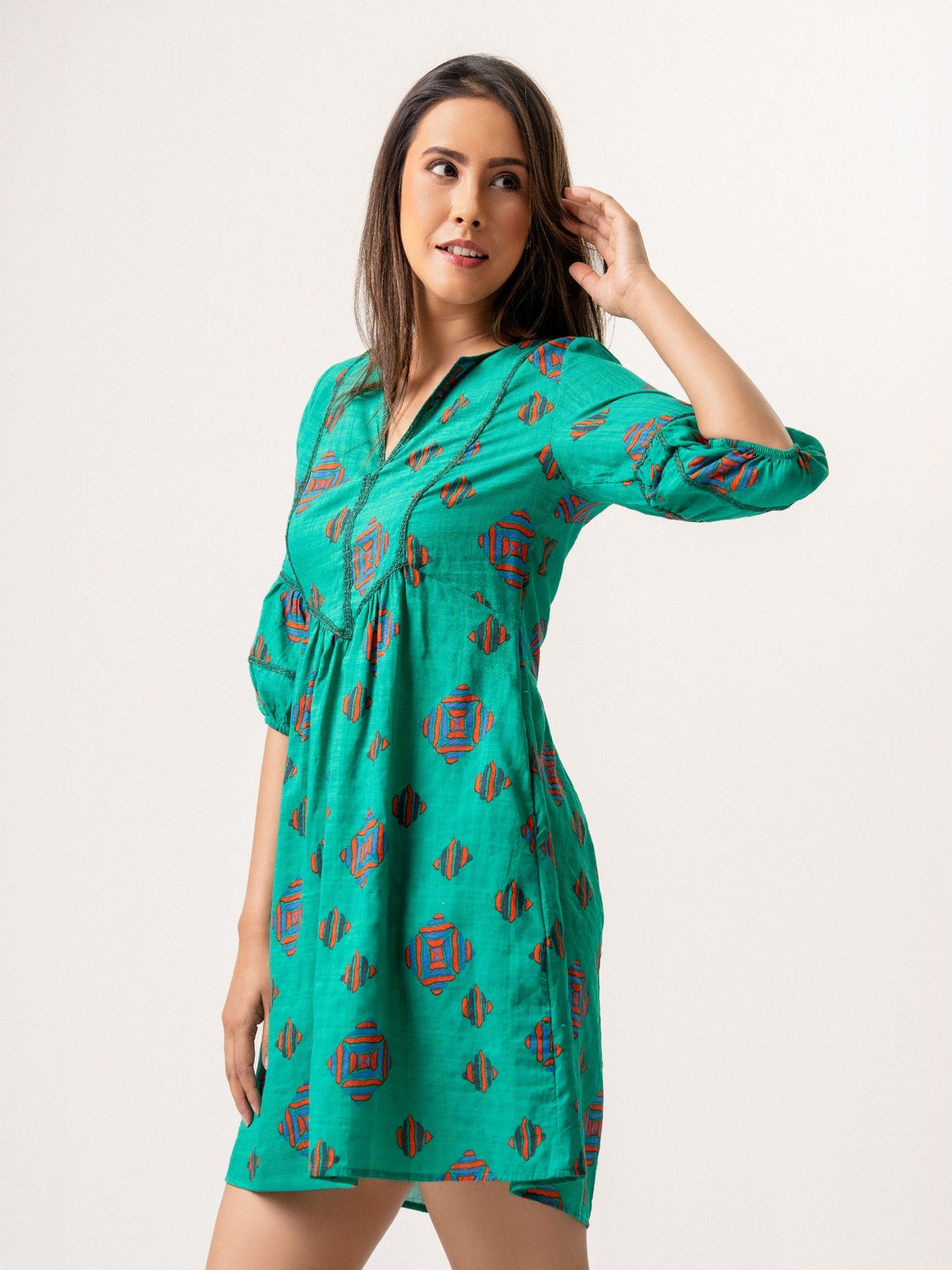 Calista Lace Detail Dress - Green Print