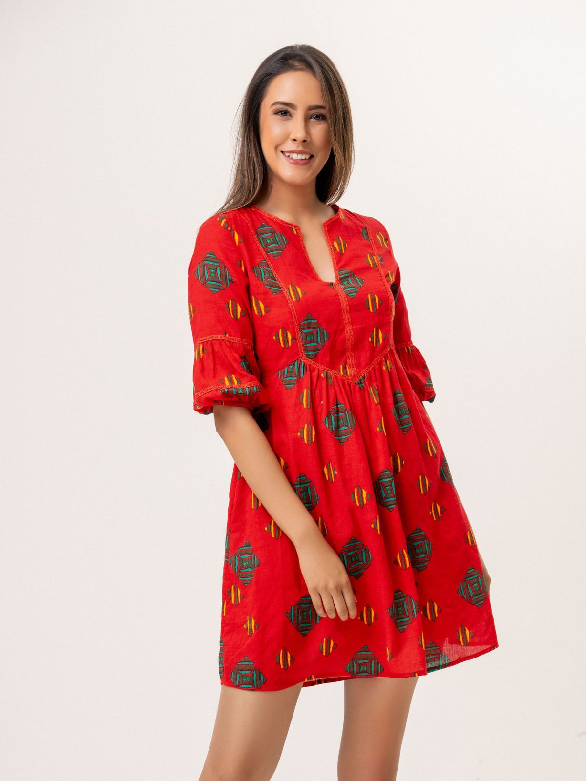 Calista Lace Detail Dress - Red Print