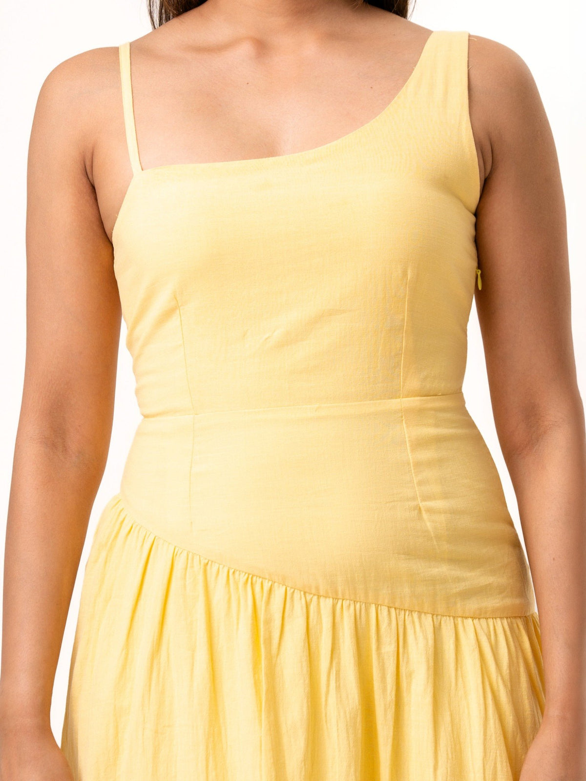 Zelia Cotton Asymmetrical Strap maxi Dress - Butter Yellow