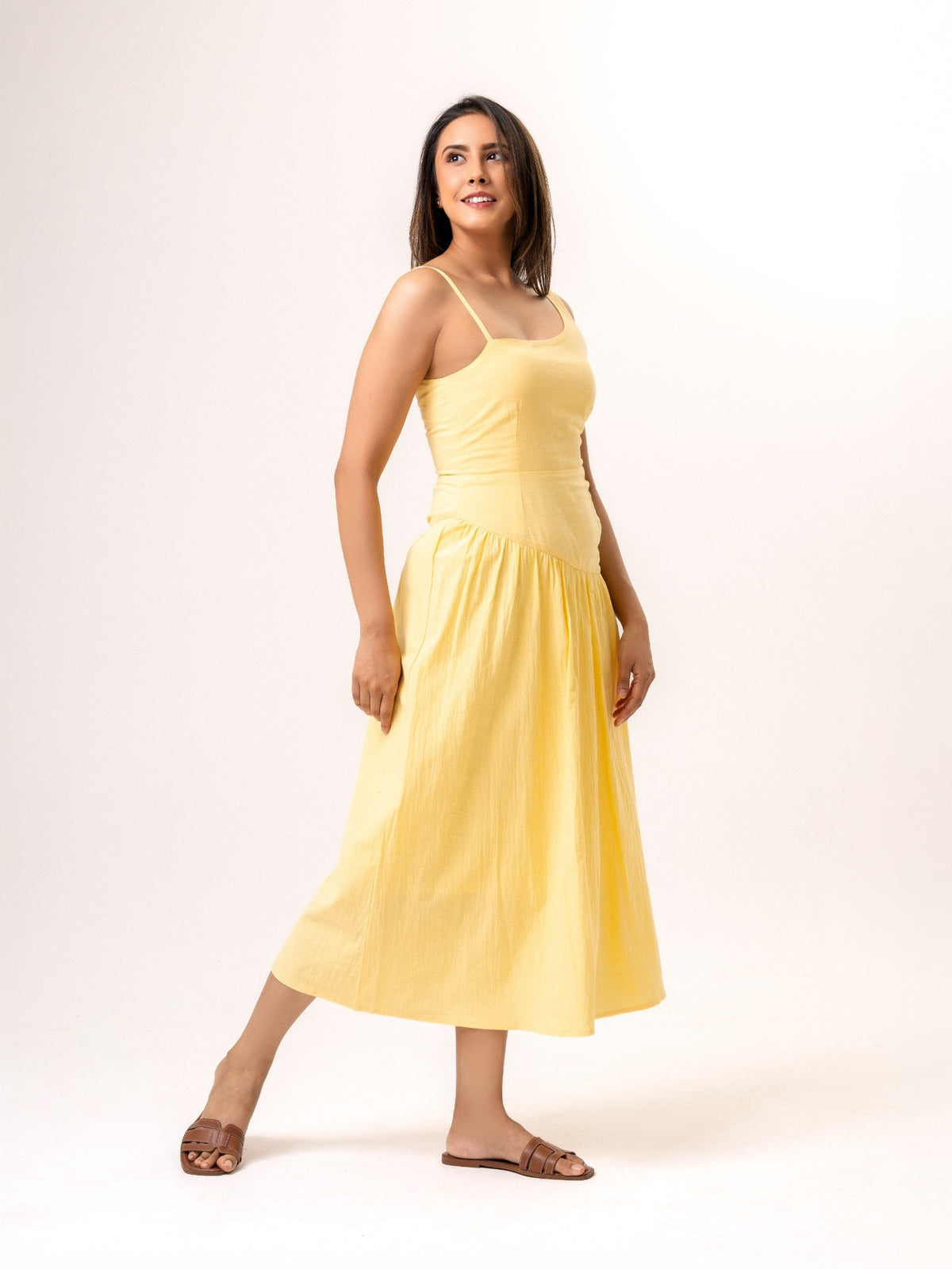 Zelia Cotton Asymmetrical Strap maxi Dress - Butter Yellow
