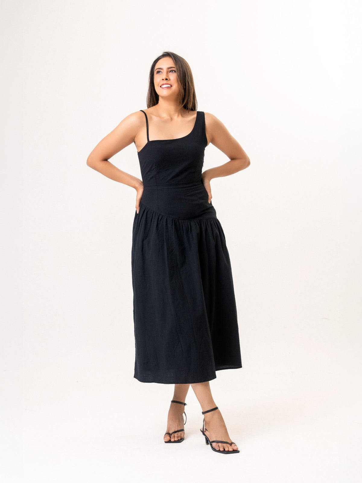 Zelia Cotton Asymmetrical Strap maxi dress - Black