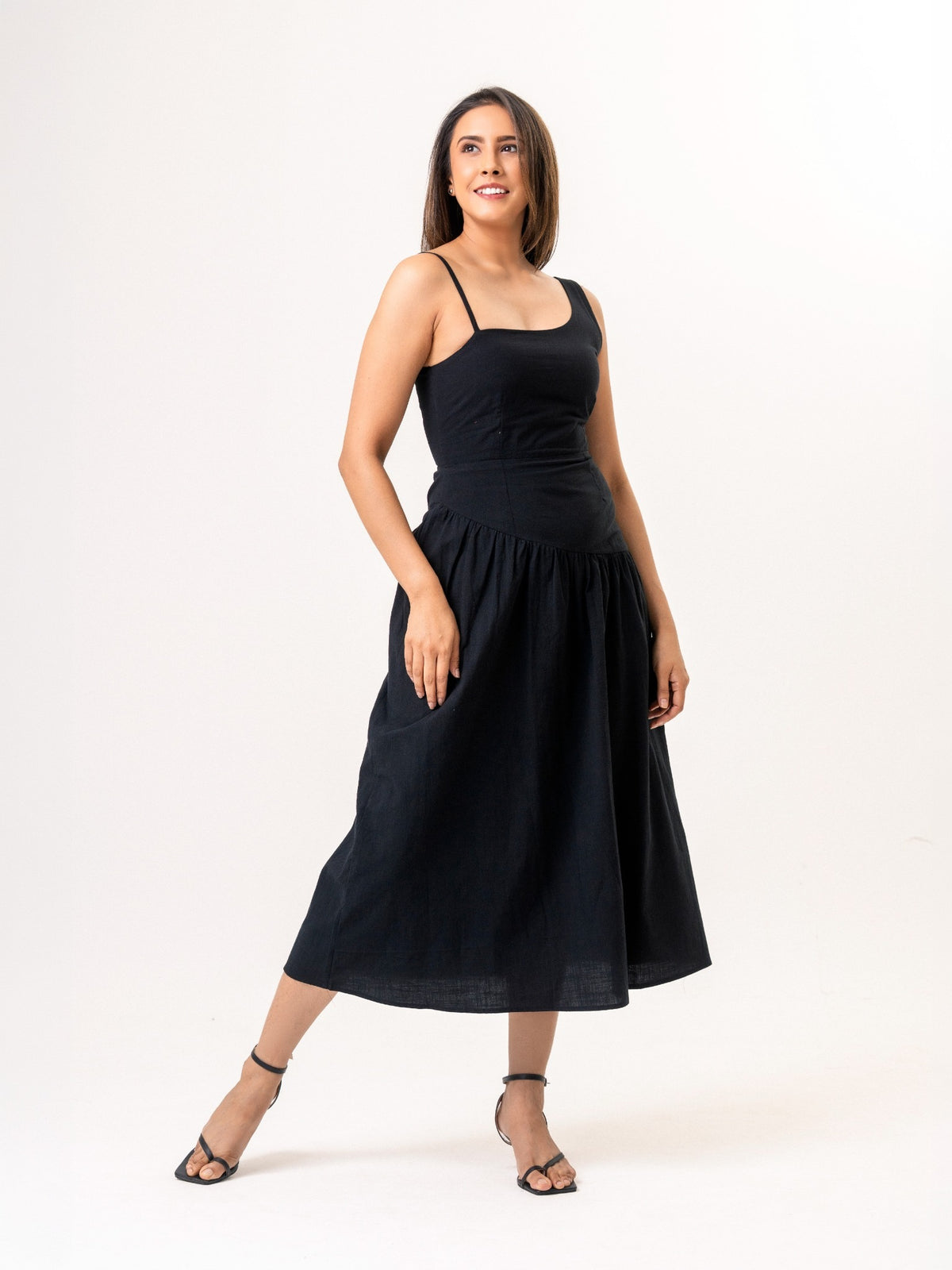 Zelia Cotton Asymmetrical Strap maxi dress - Black