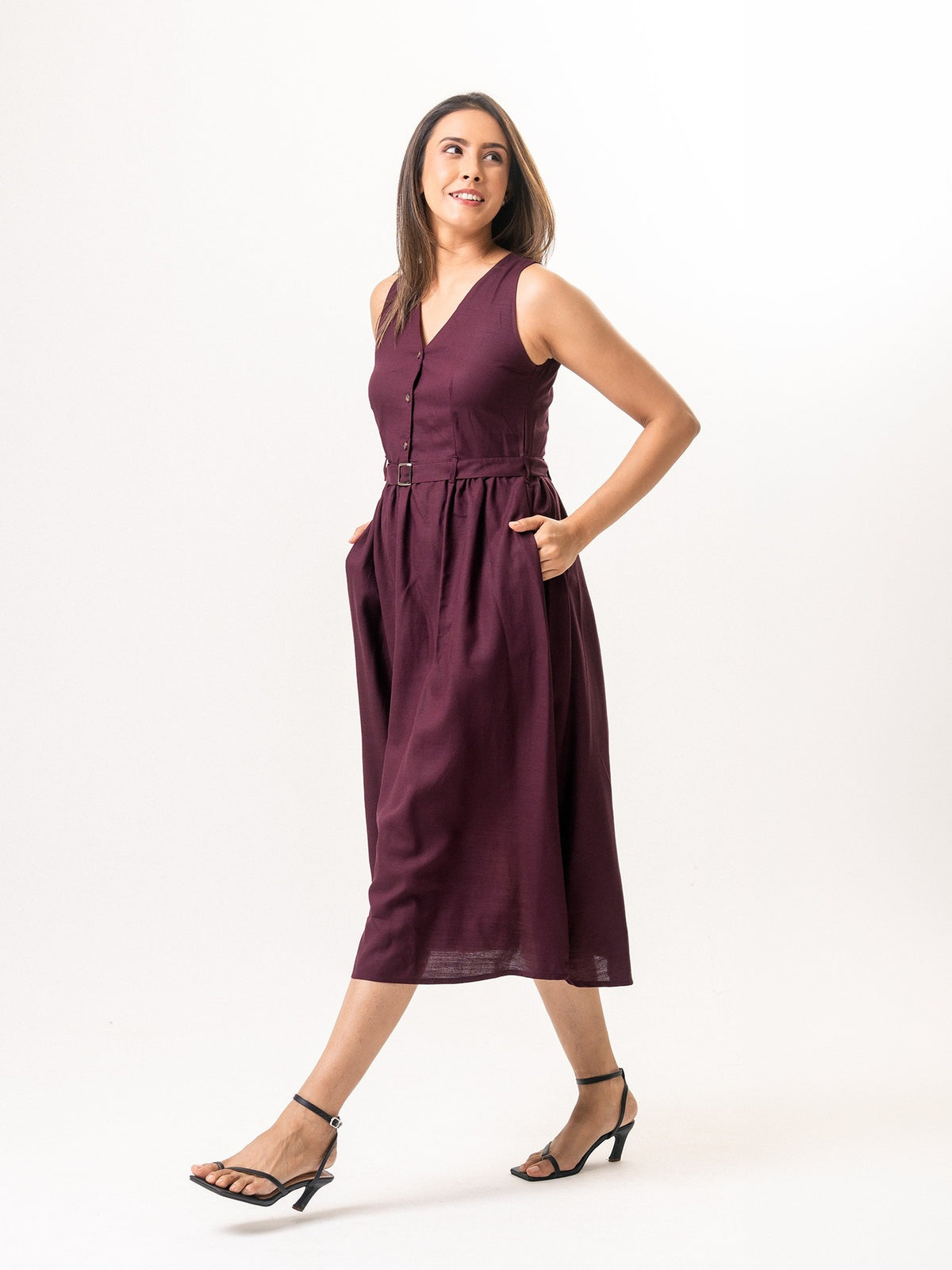 Elara Cotton Midi Dress - Maroon