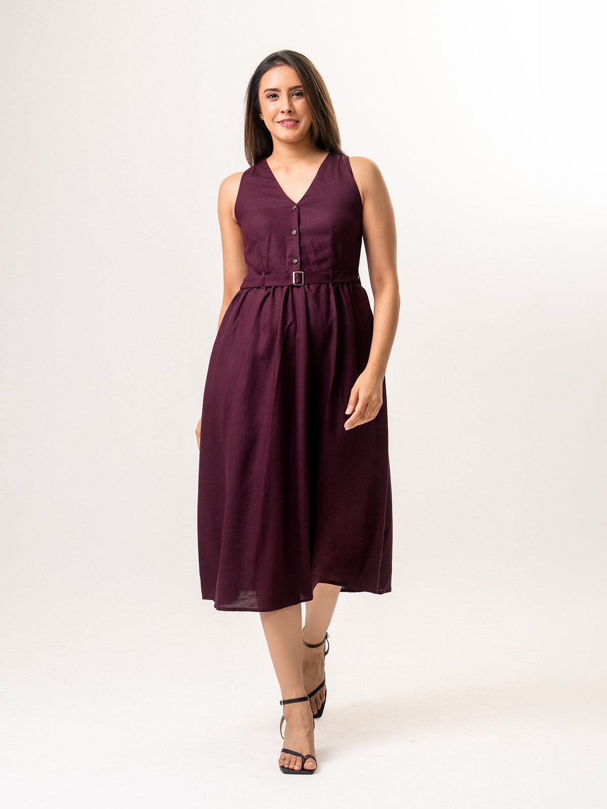 Elara Cotton Midi Dress - Maroon