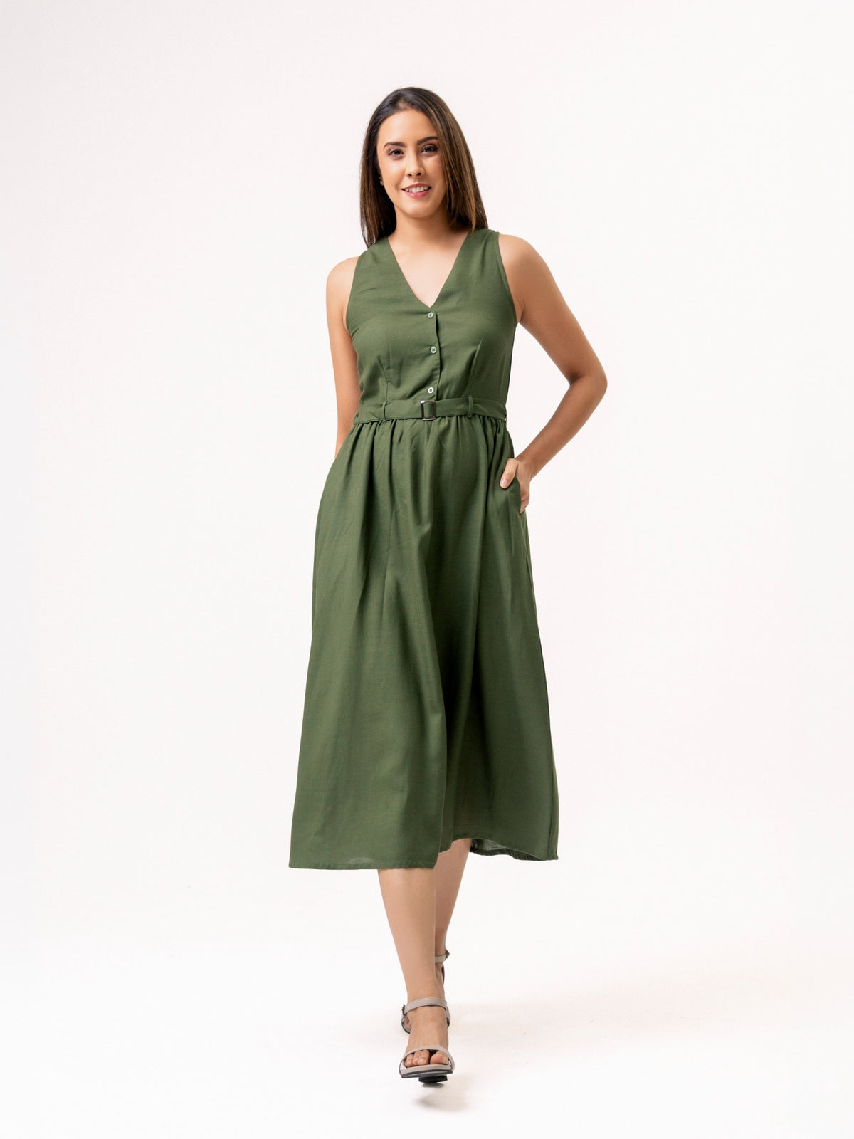 Elara Cotton Midi Dress - Green