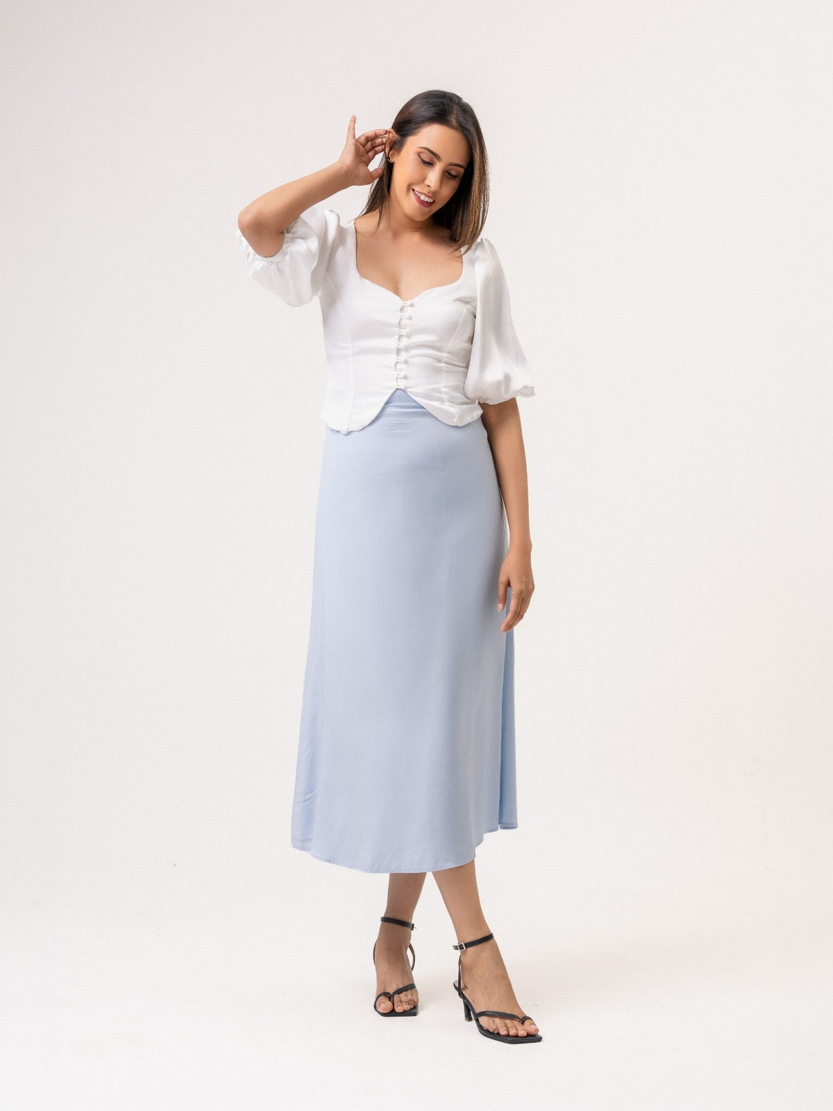 Lina satin bias skirt -  Dusty blue