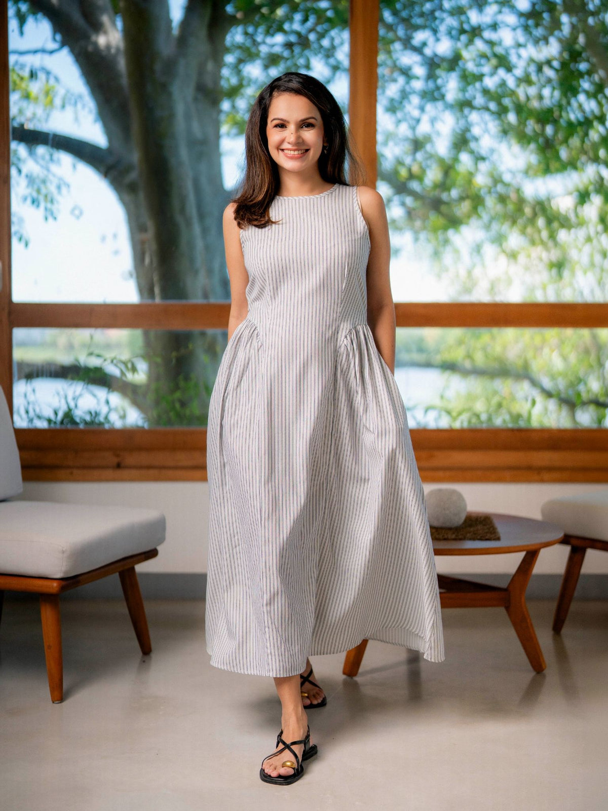 Nitya Linen Striped Detailed Midi Dress- Linen Stripe