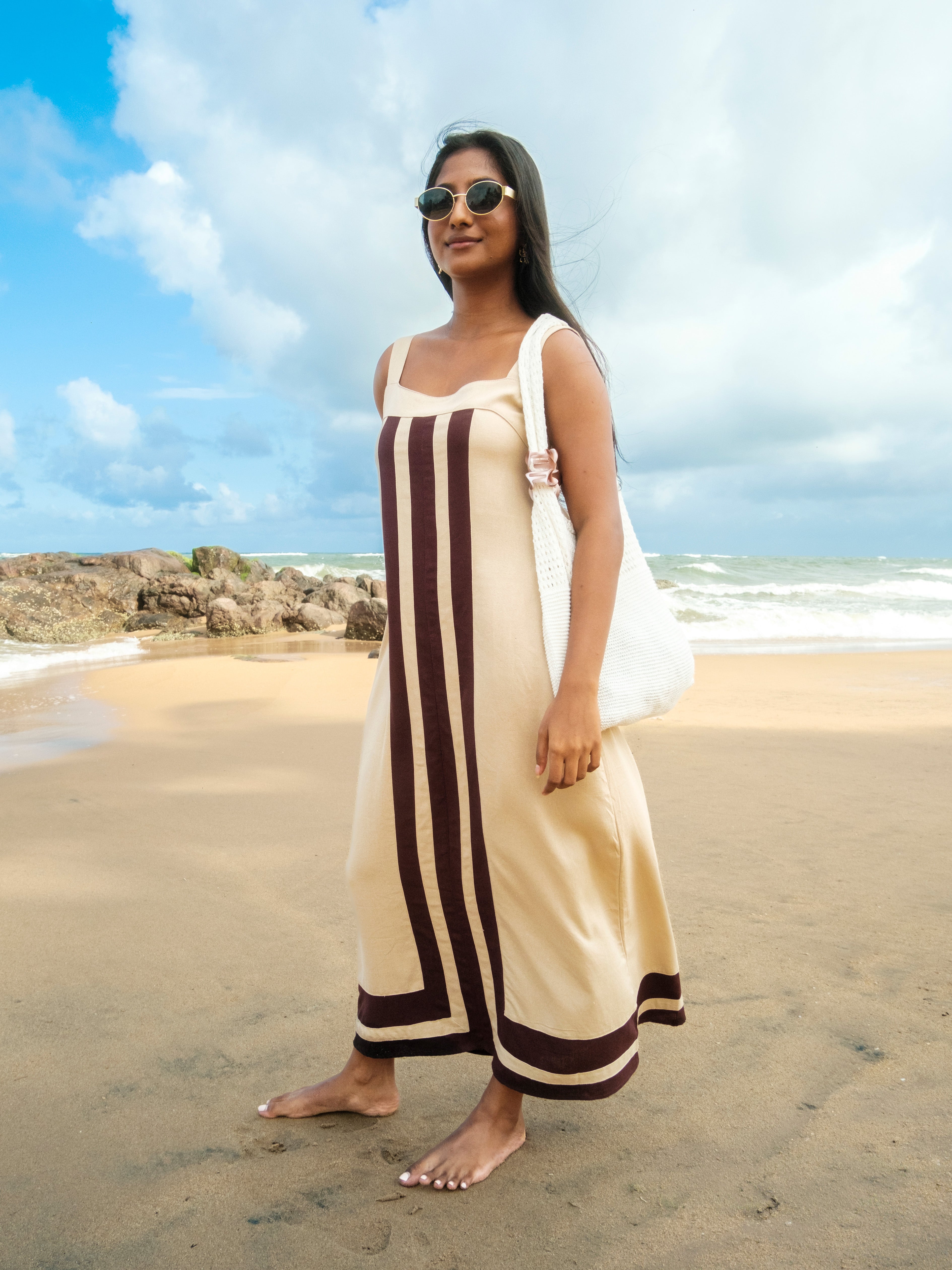 Chroma Linen Two Toned Midi Dress - Beige & Coco