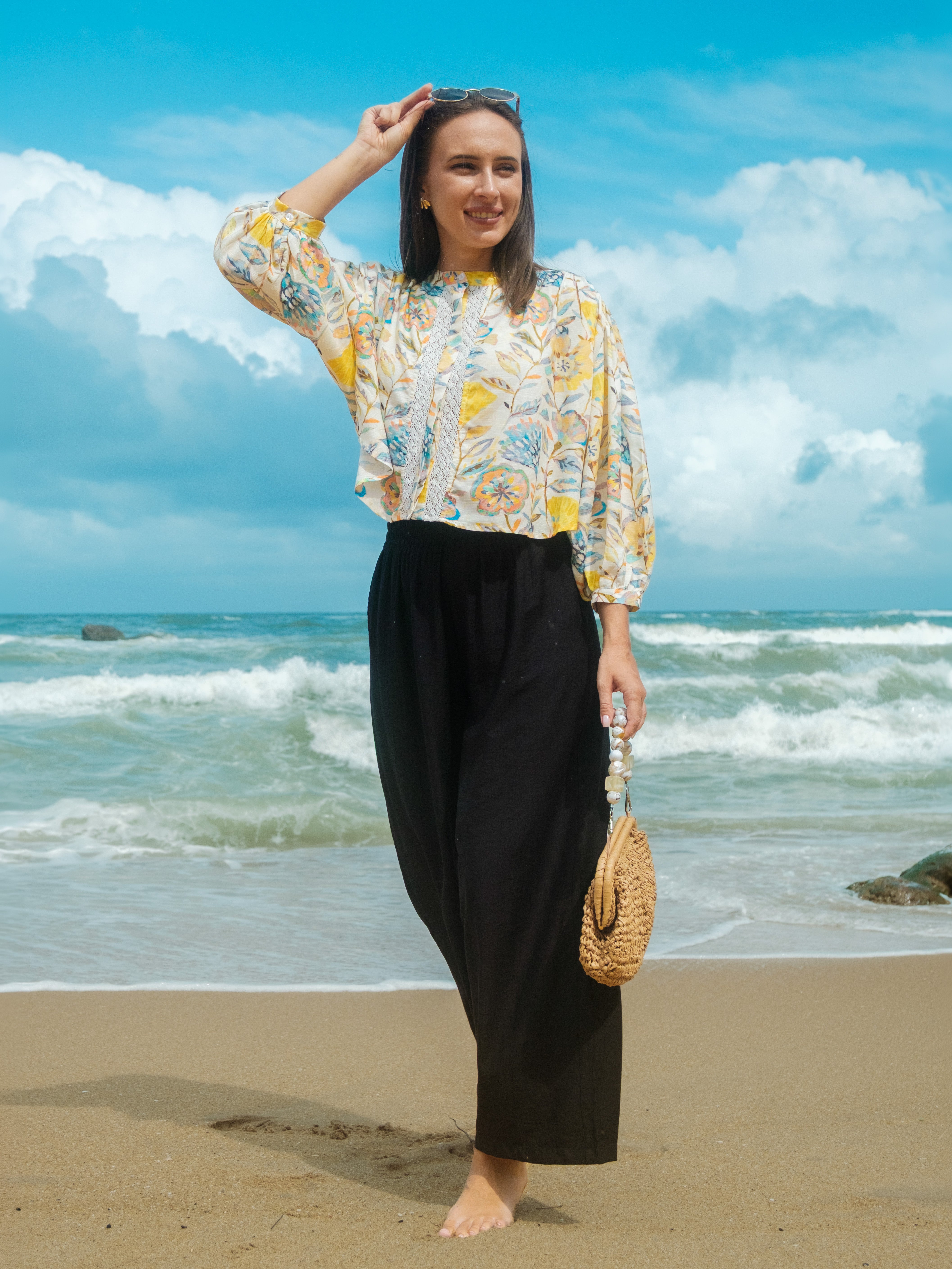 Sonam Printed Detailed Oversized Crop Top - Yellow