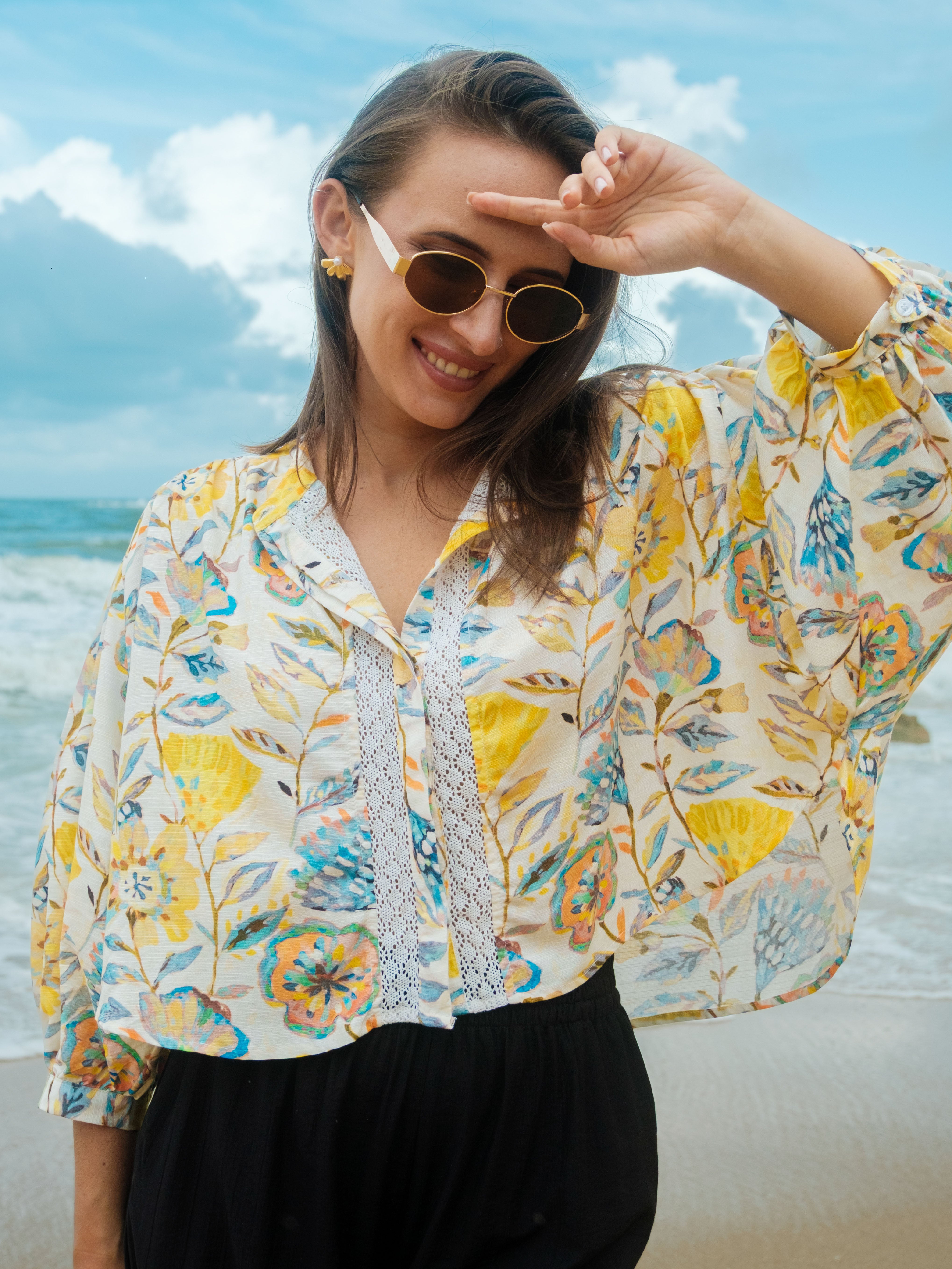 Sonam Printed Detailed Oversized Crop Top - Yellow