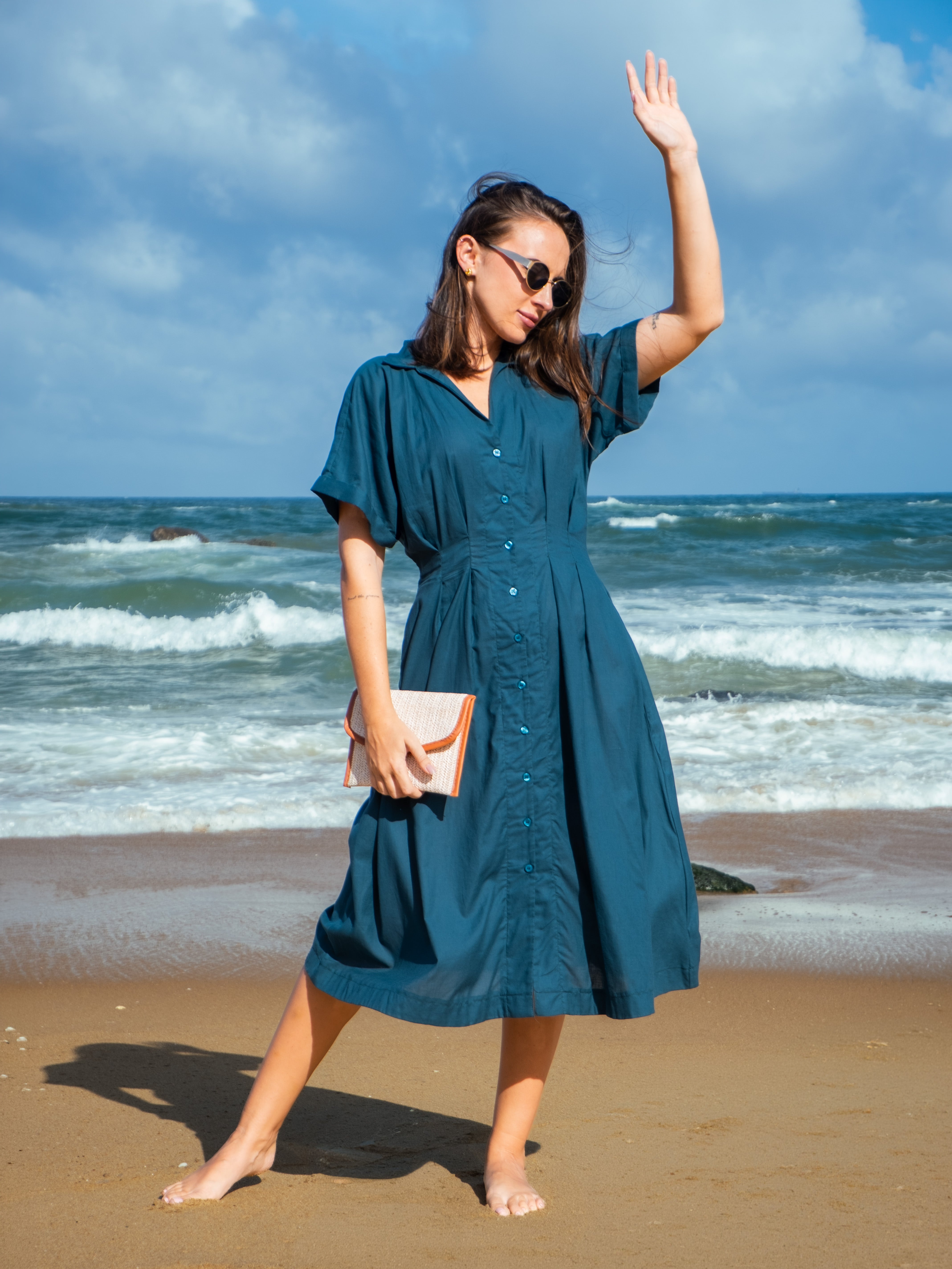 Dahlia Cotton Pleated Midi Dress - Peacock blue