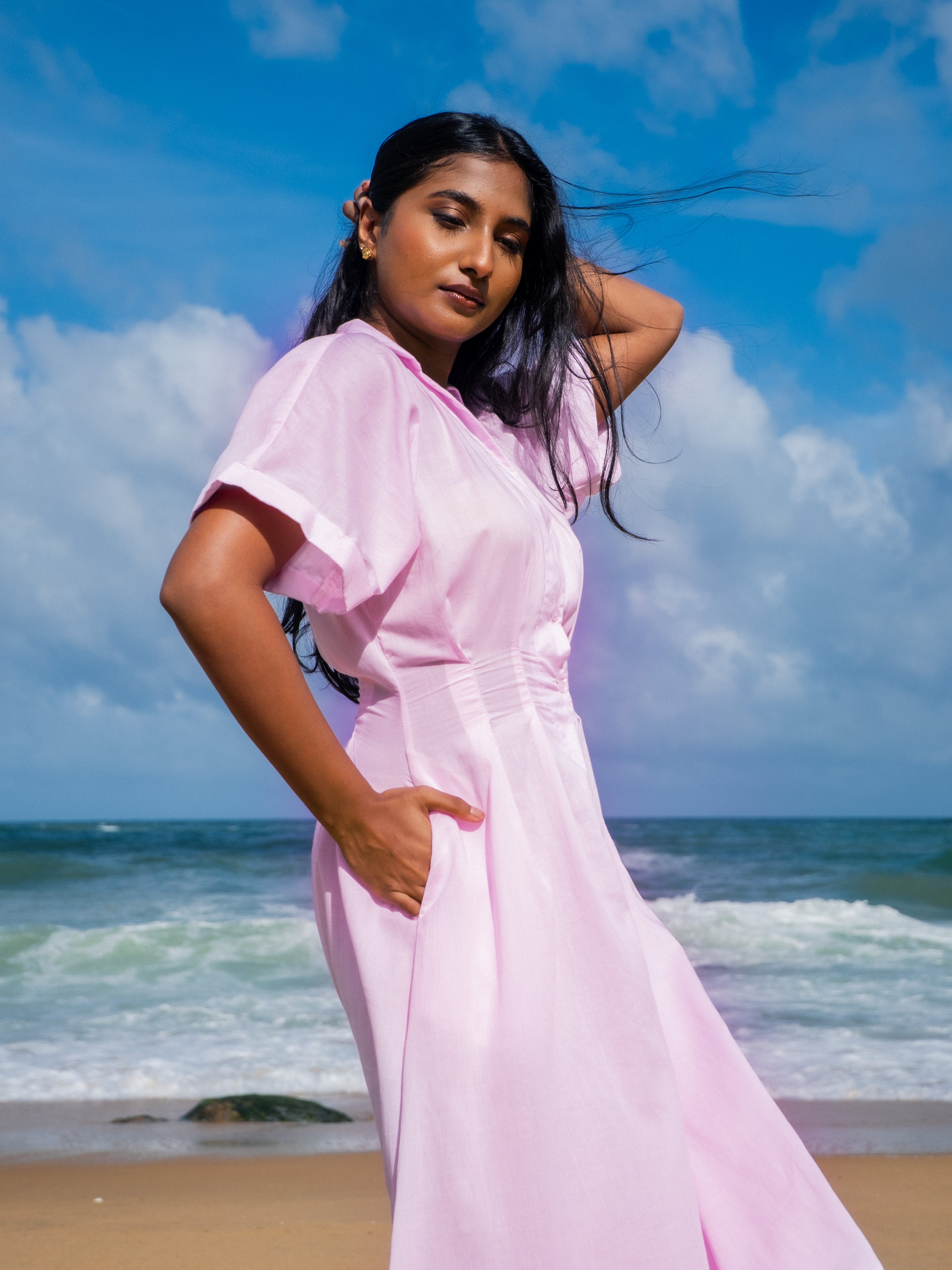 Dahlia Cotton Pleated Midi Dress- Rose