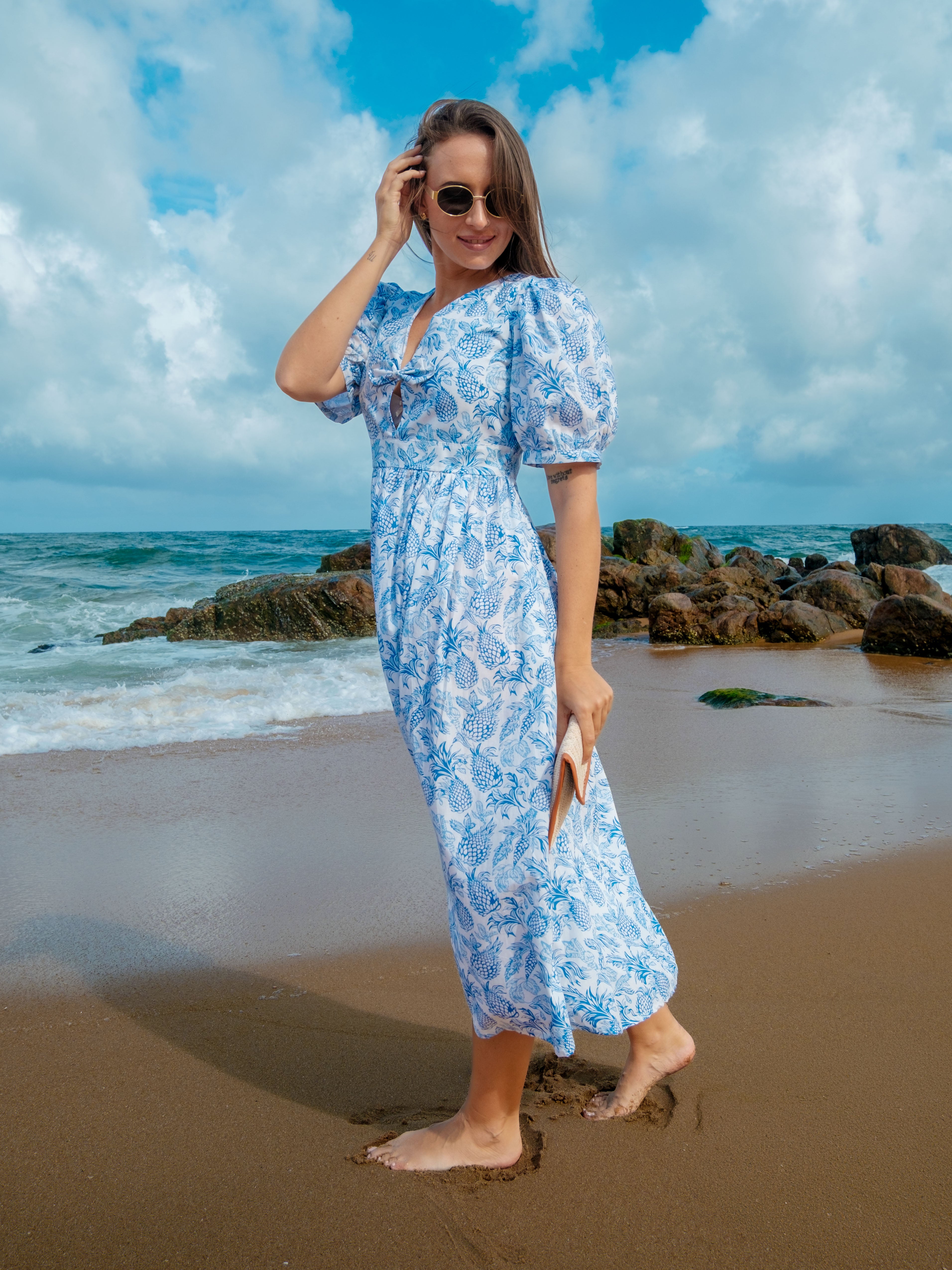Rey Bow Midi Dress - Blue Printed