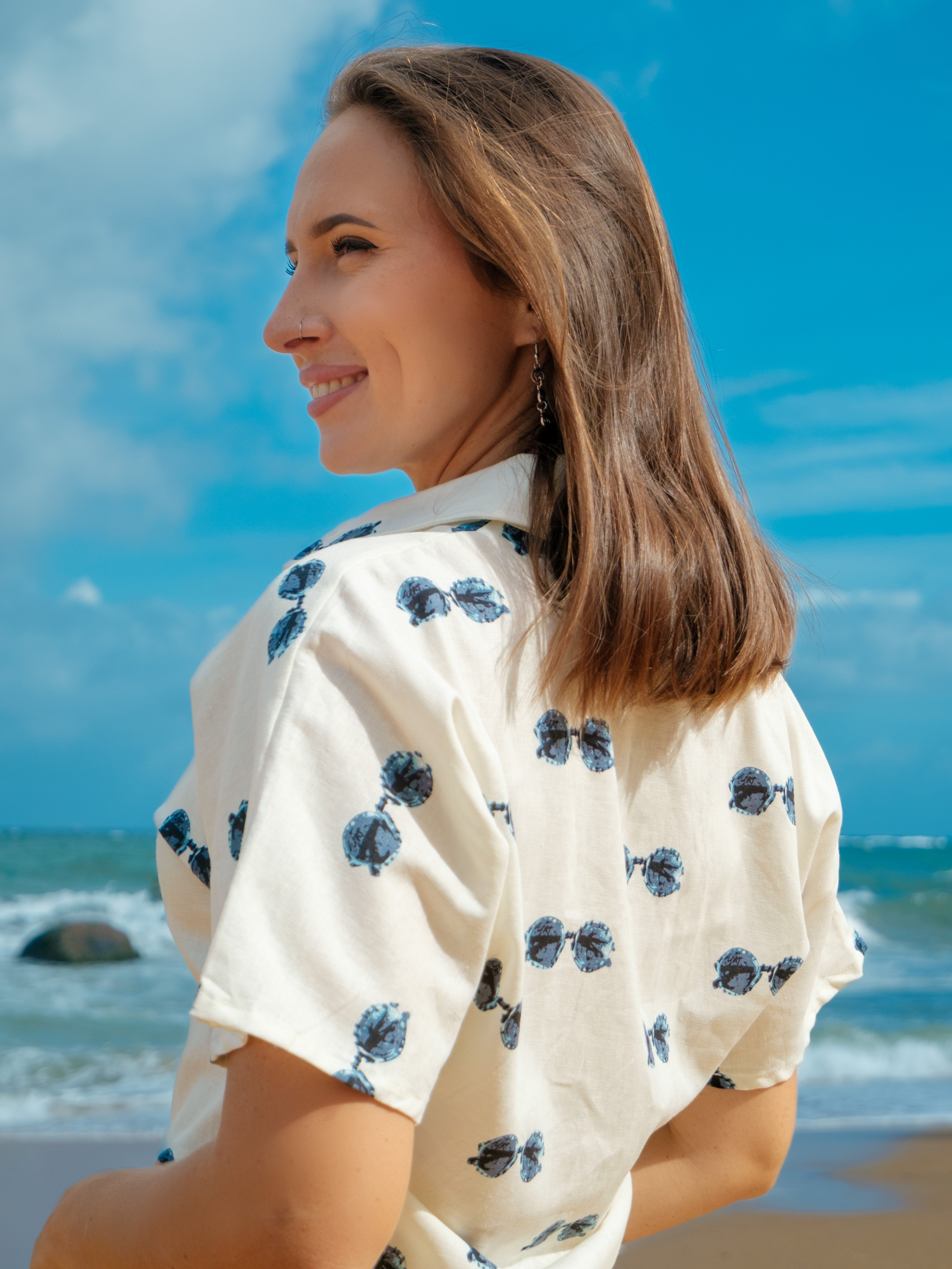 Sophia Linen Tie Up Top - White and Blue Printed