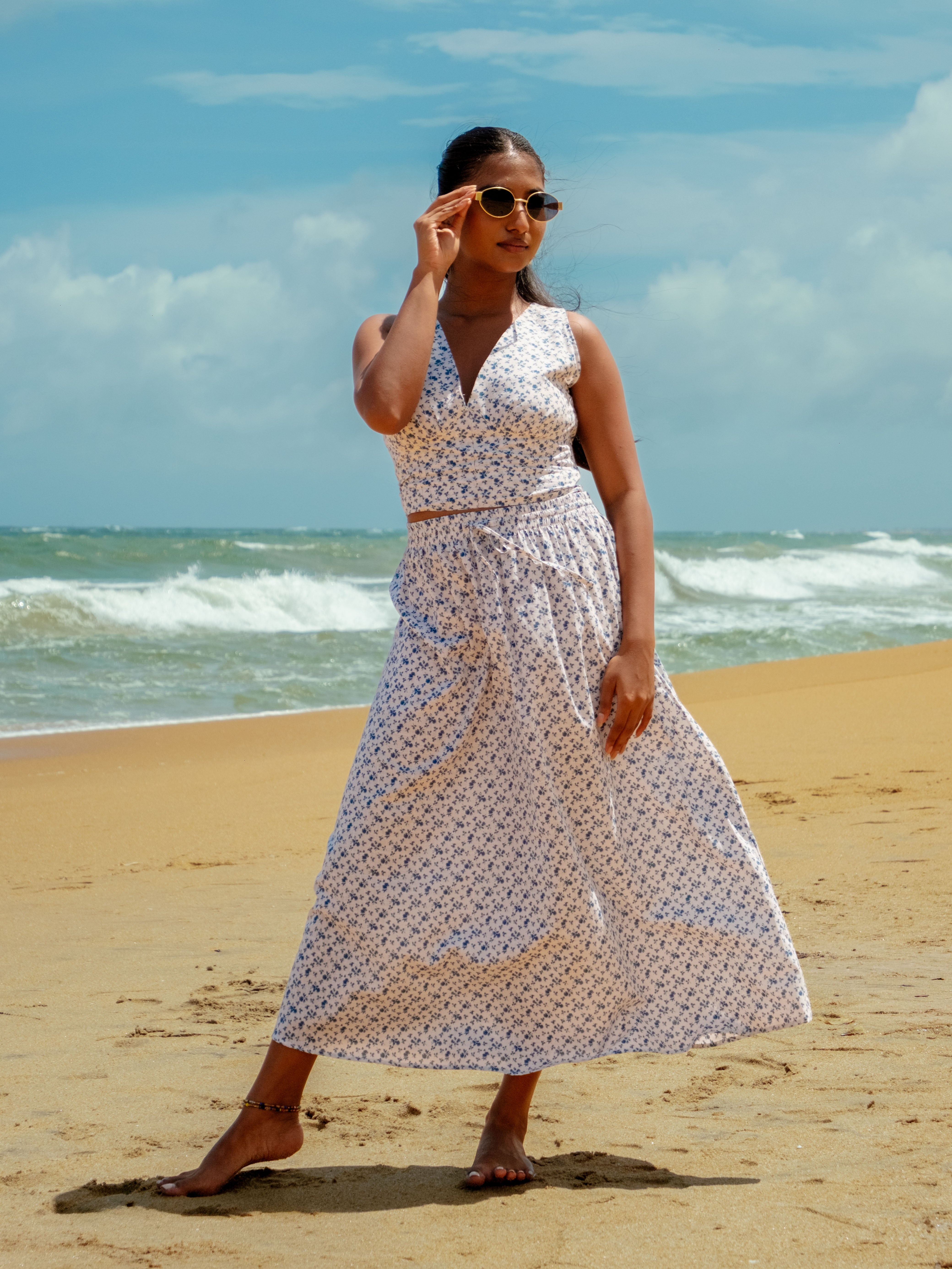 Ruby Floral Printed Skirt - Blue and White