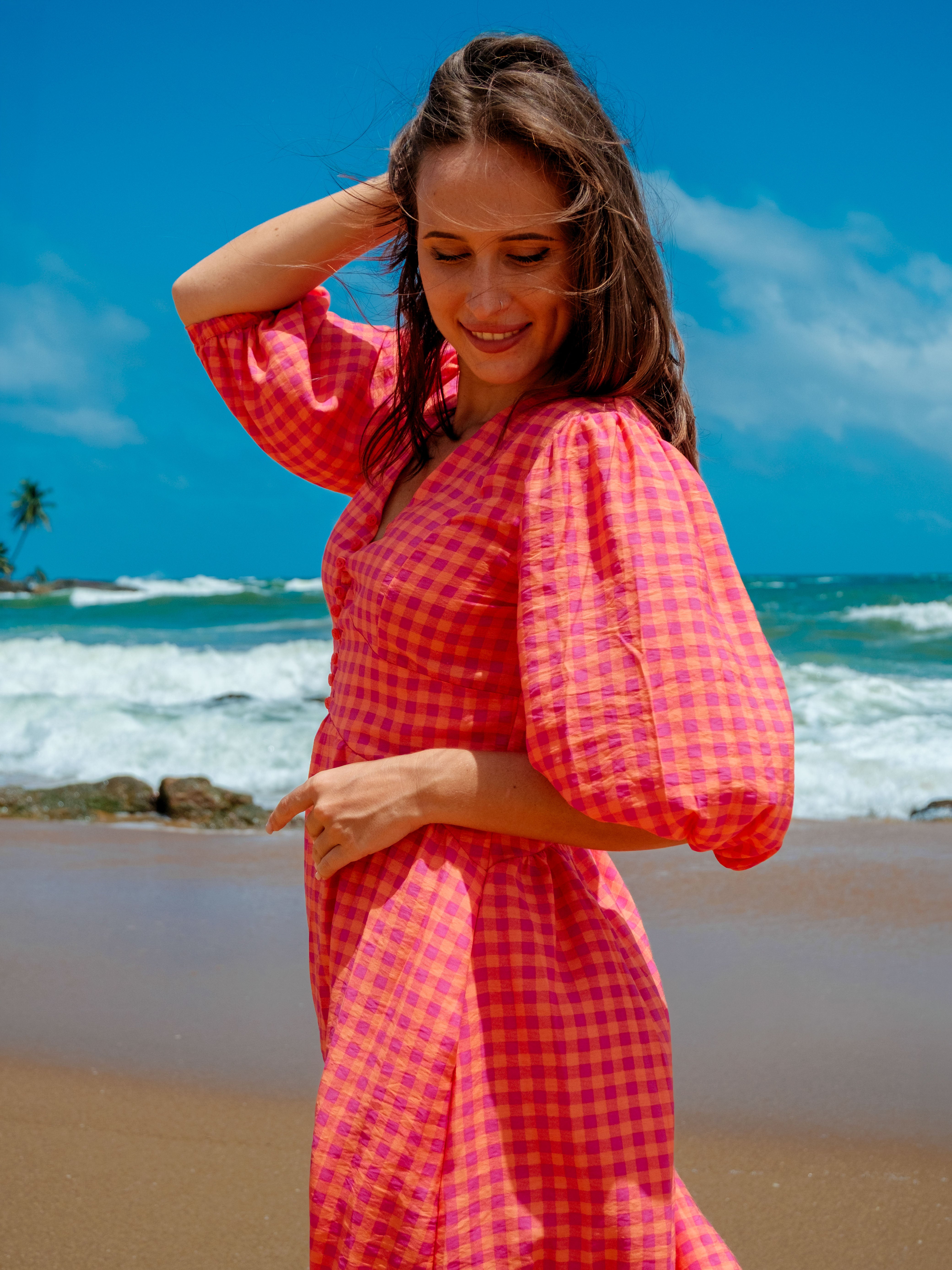 Emilia checkered midi dress - Pink and Orange