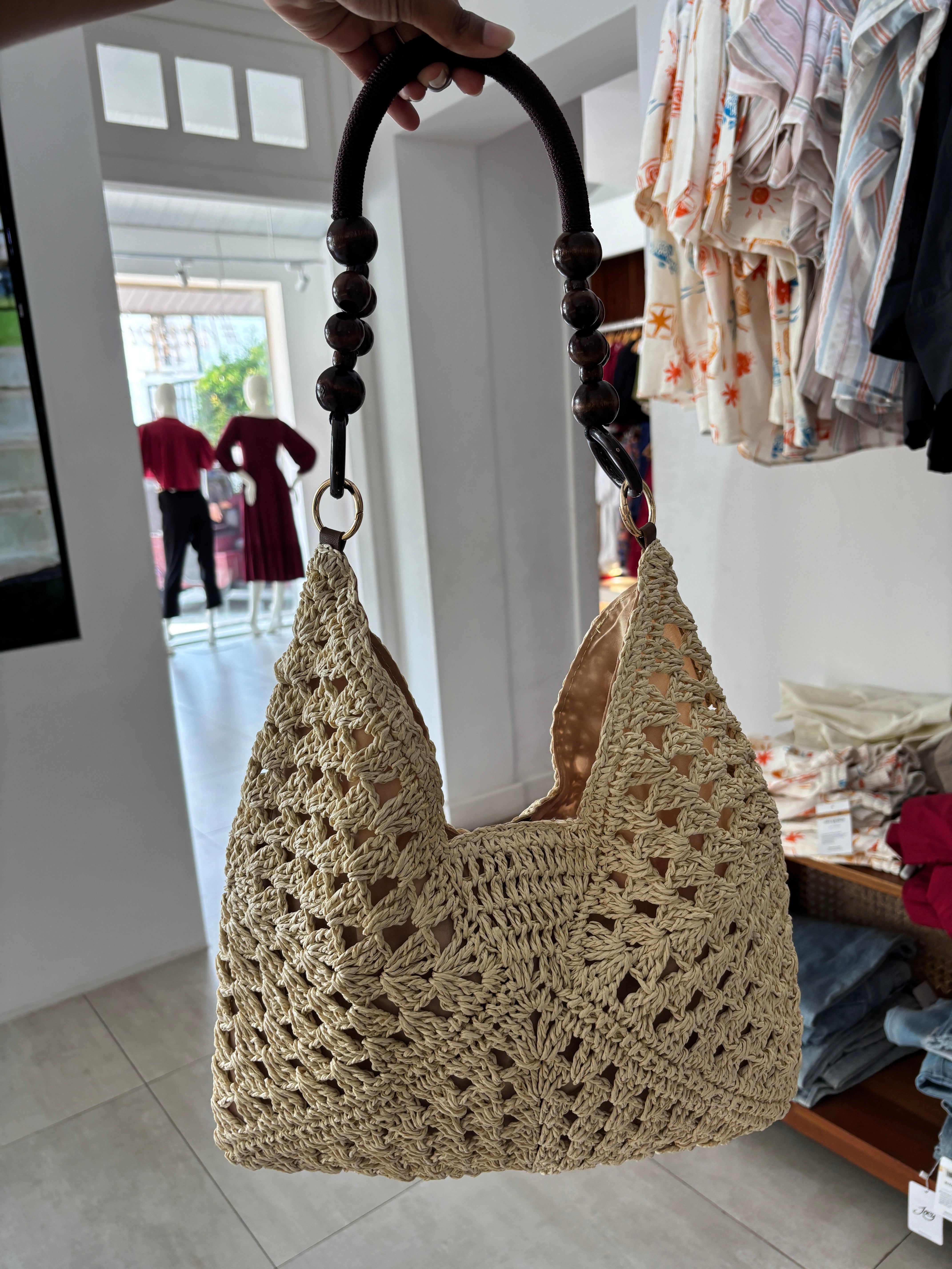 Beaded Handle Straw Bag