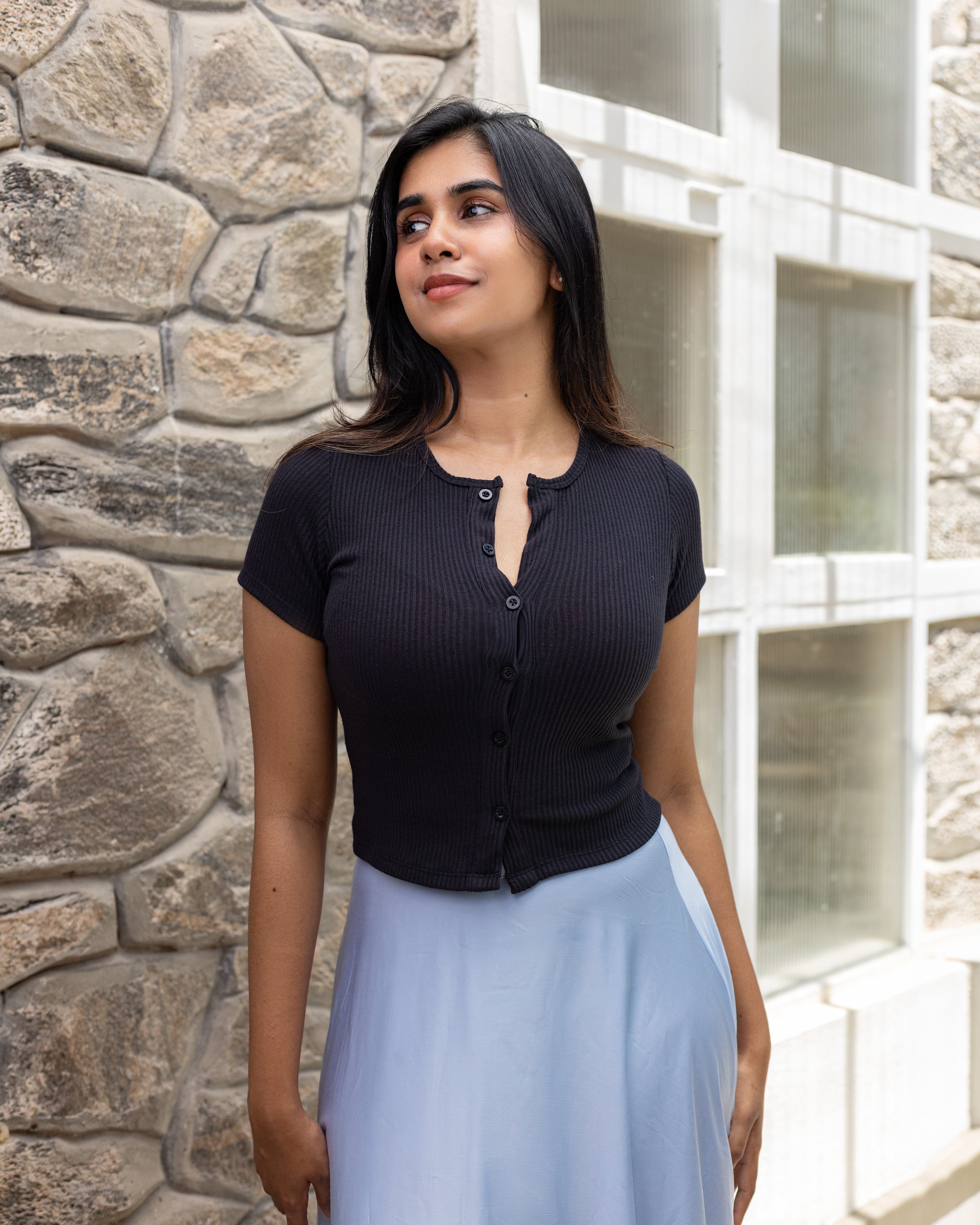 Nina Button Down Ribbed Top - Black