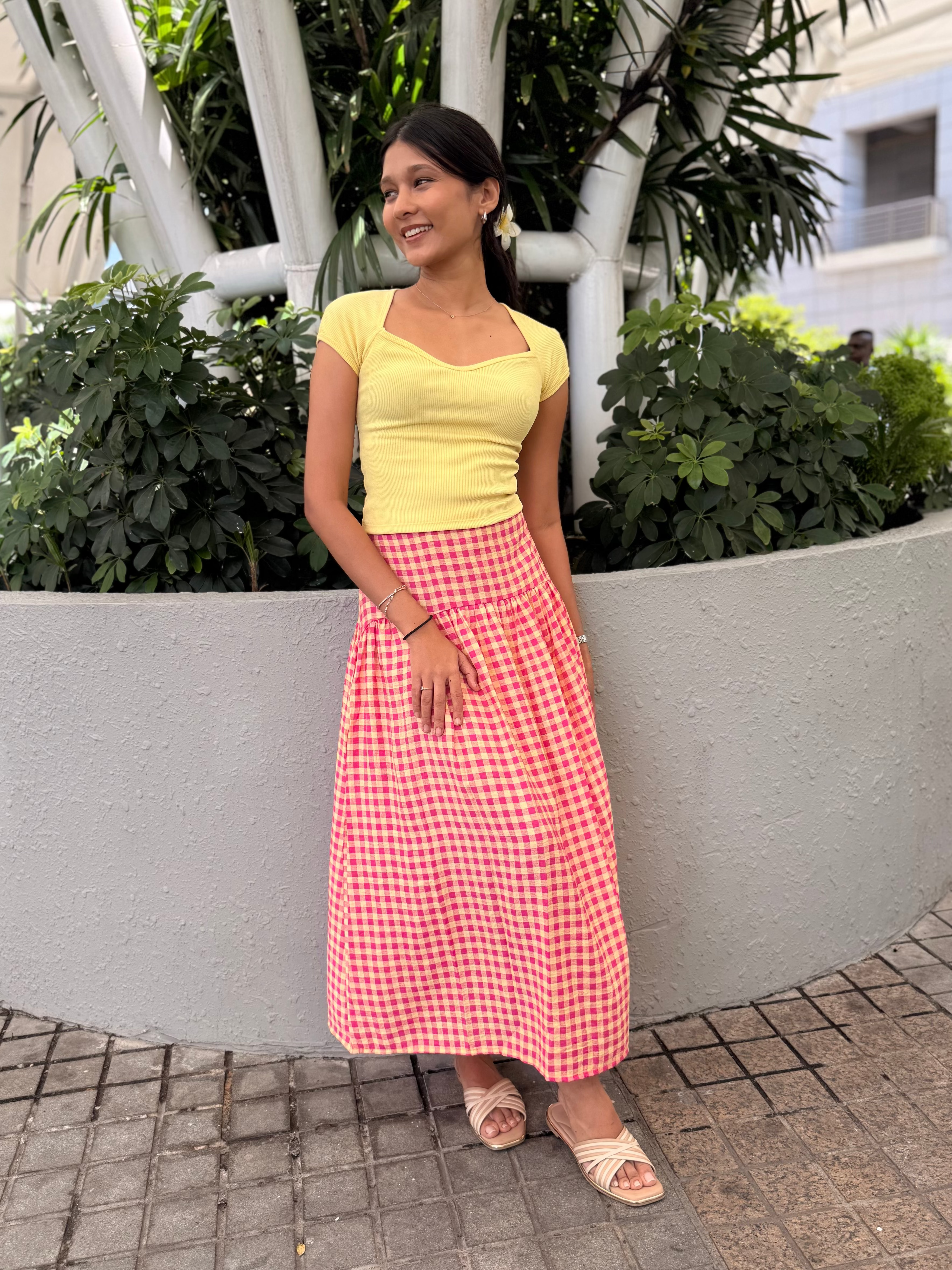Quinn Maxi Skirt - Pink and Yellow Checkered
